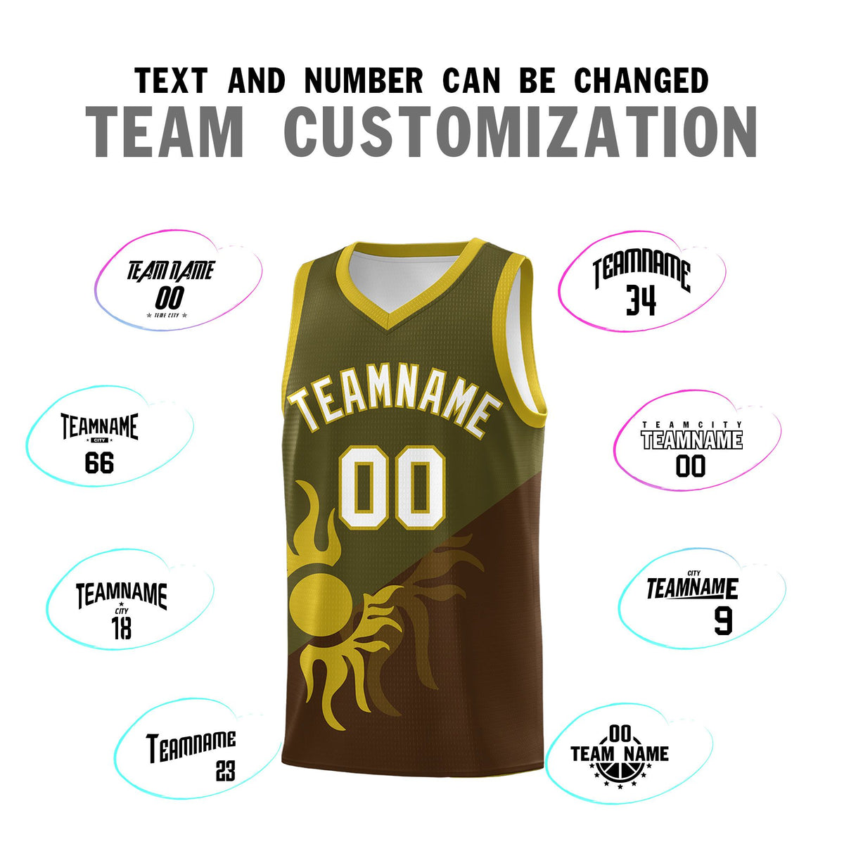 Custom Youth Basketball Jerseys - Brown Olive Radiant Sun Design Two Tone Uniforms
