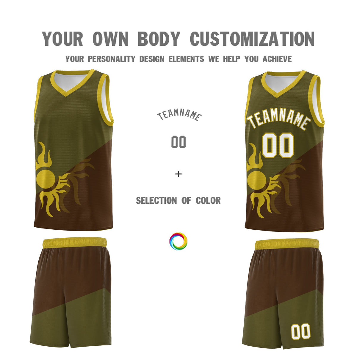 Custom Youth Basketball Jerseys - Brown Olive Radiant Sun Design Two Tone Uniforms