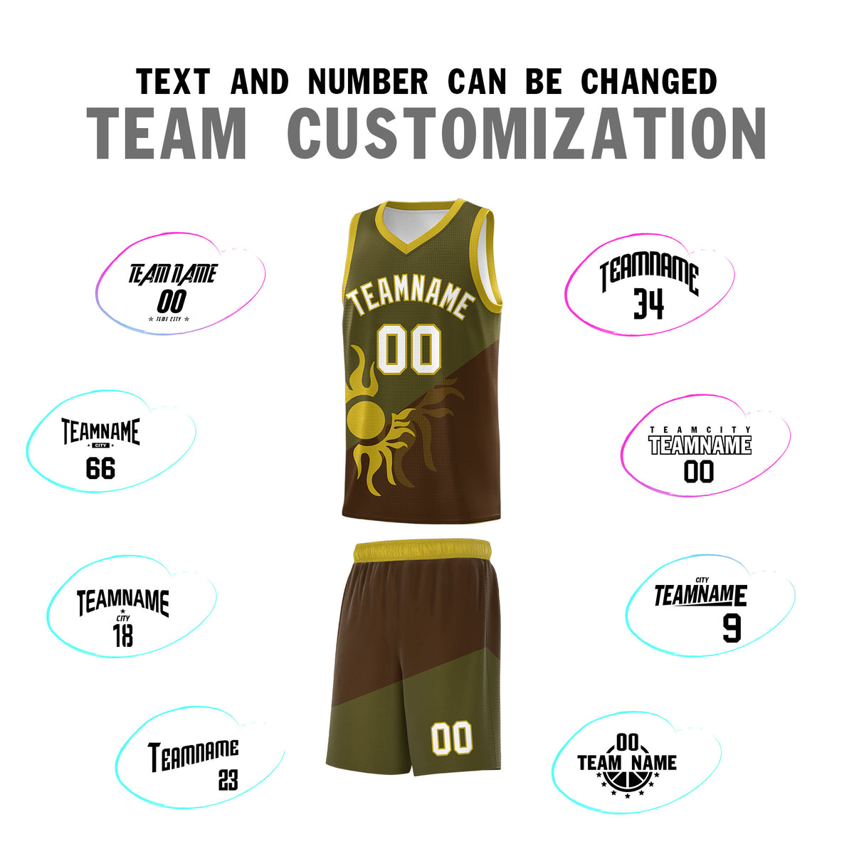 Custom Youth Basketball Jerseys - Brown Olive Radiant Sun Design Two Tone Uniforms
