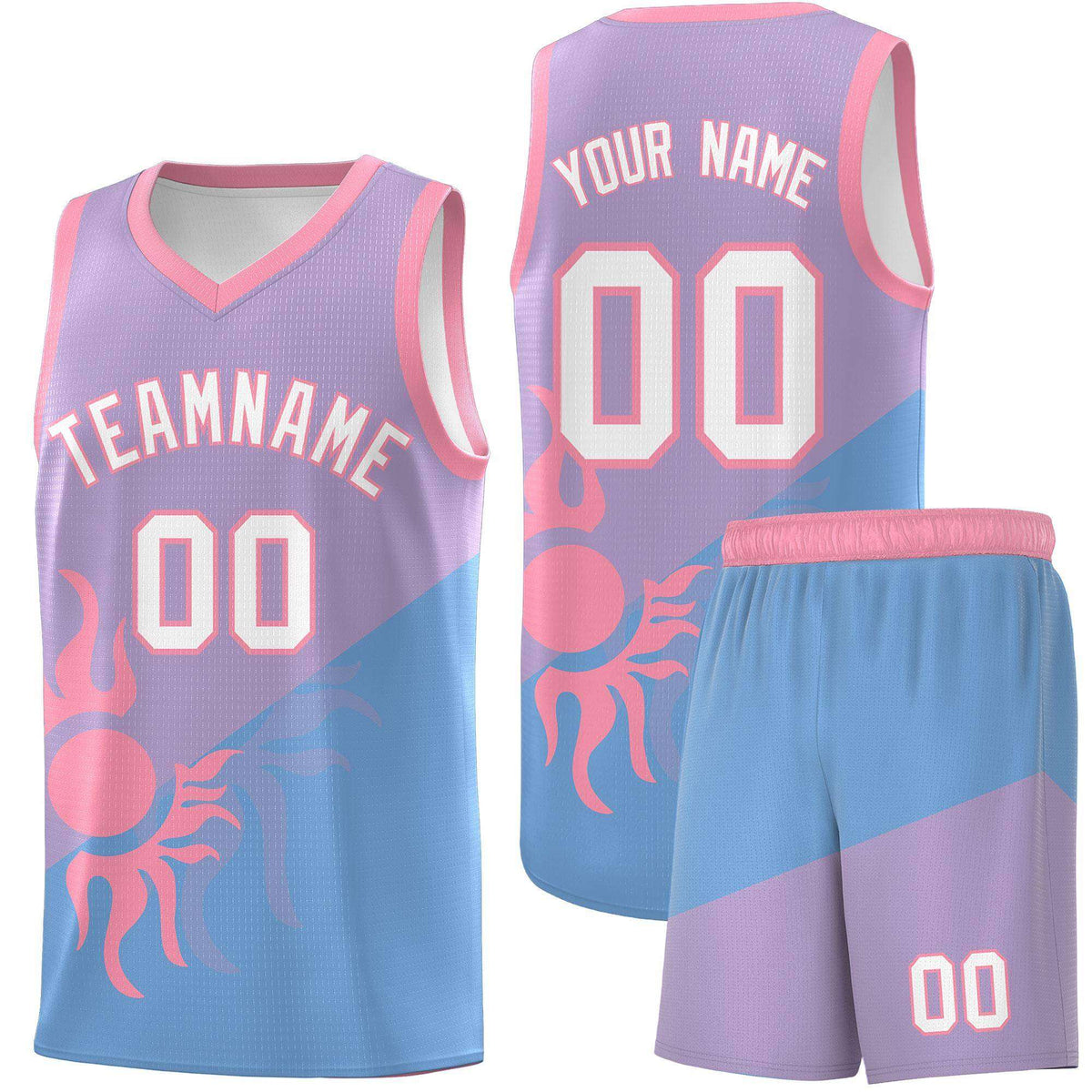 Custom Youth Basketball Jerseys - Light Purple Powder Blue Sunburst Design Two Tone Uniforms