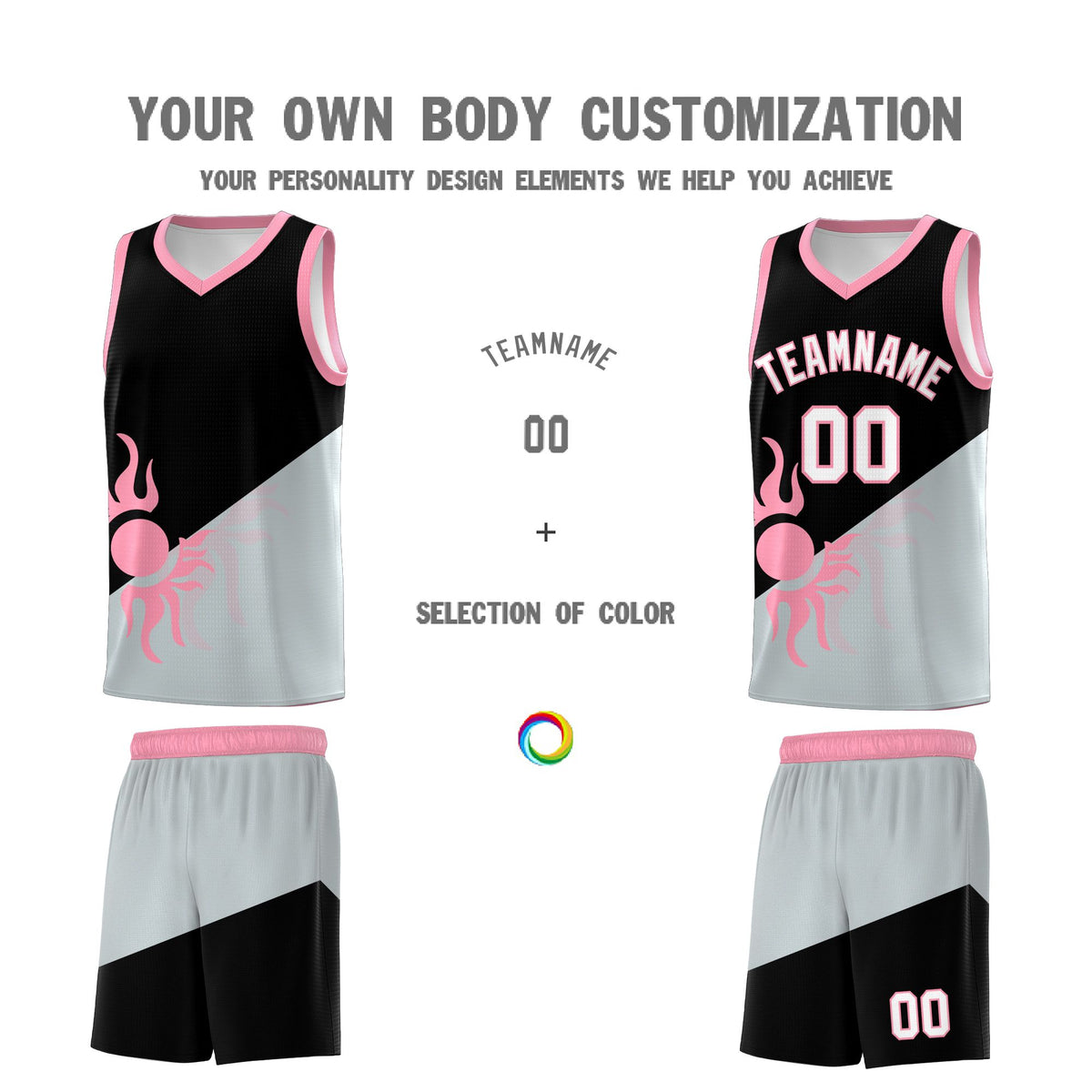 Custom Youth Basketball Jerseys - Black Silver Radiant Sun Design Two Tone Uniforms