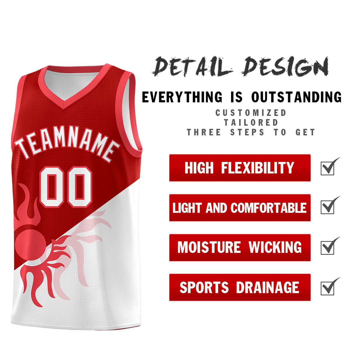 Custom Youth Basketball Jerseys - Red White Sunburst Design Two Tone Uniforms