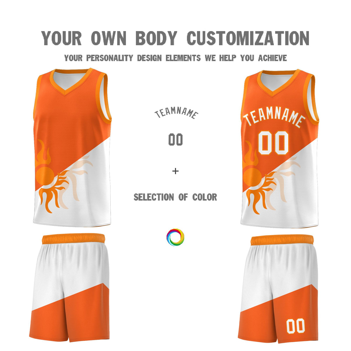 Custom Youth Basketball Jerseys - Orange White Radiant Sun Design Two Tone Uniforms