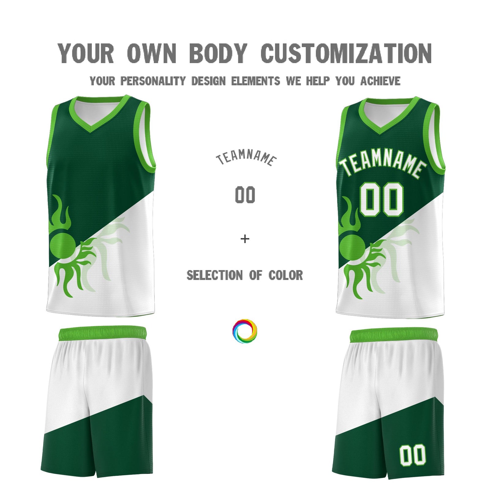 Custom Youth Basketball Jerseys - Kelly Green White Radiant Sun Design Two Tone Uniforms