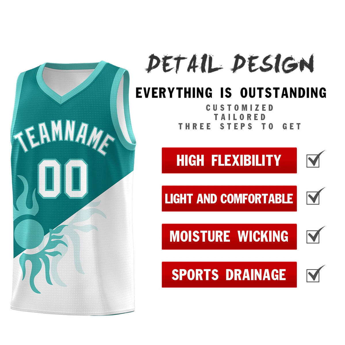 Custom Youth Basketball Jerseys - Teal White Sunburst Design Two Tone Uniforms