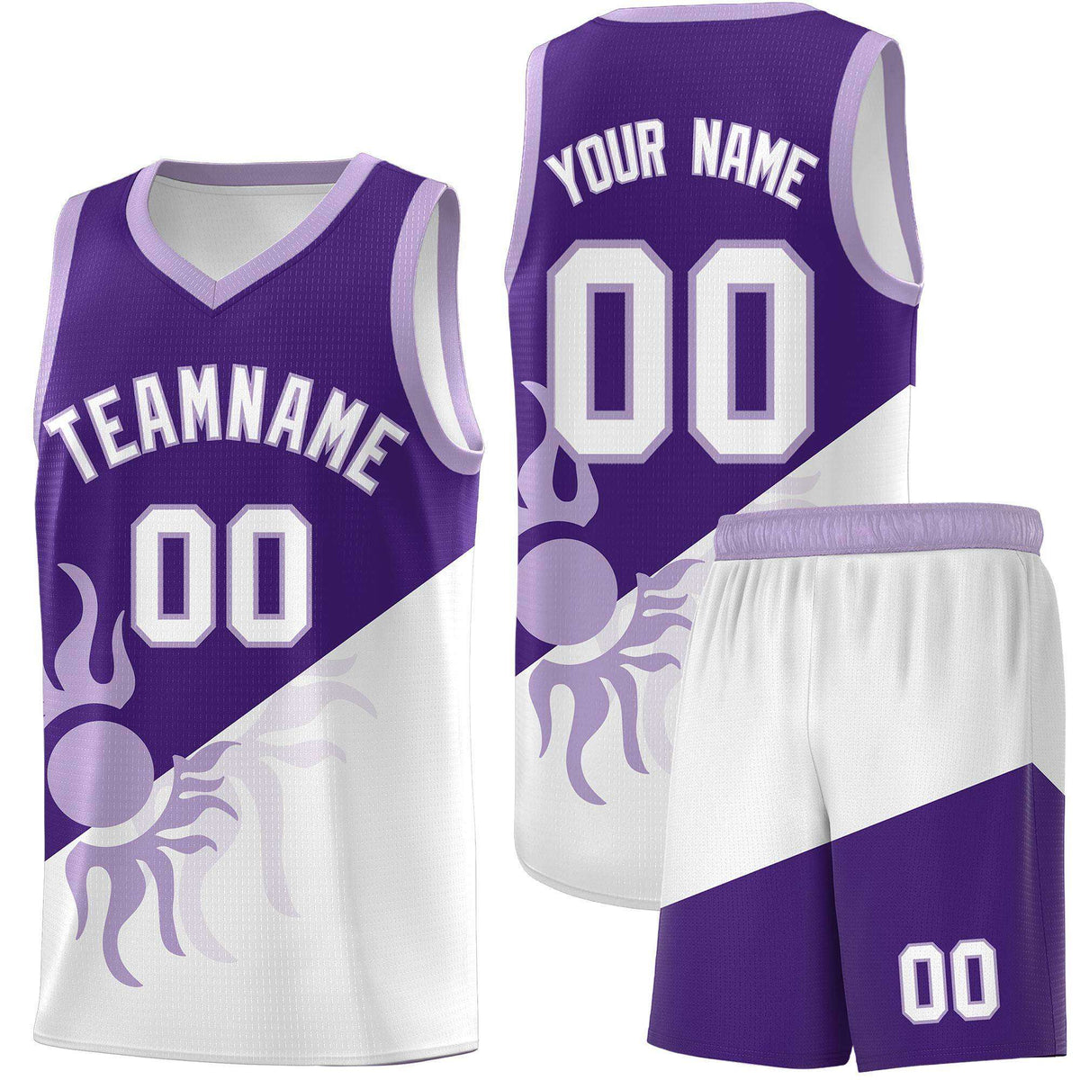 Custom Youth Basketball Jerseys - Purple White Sunburst Design Two Tone Uniforms