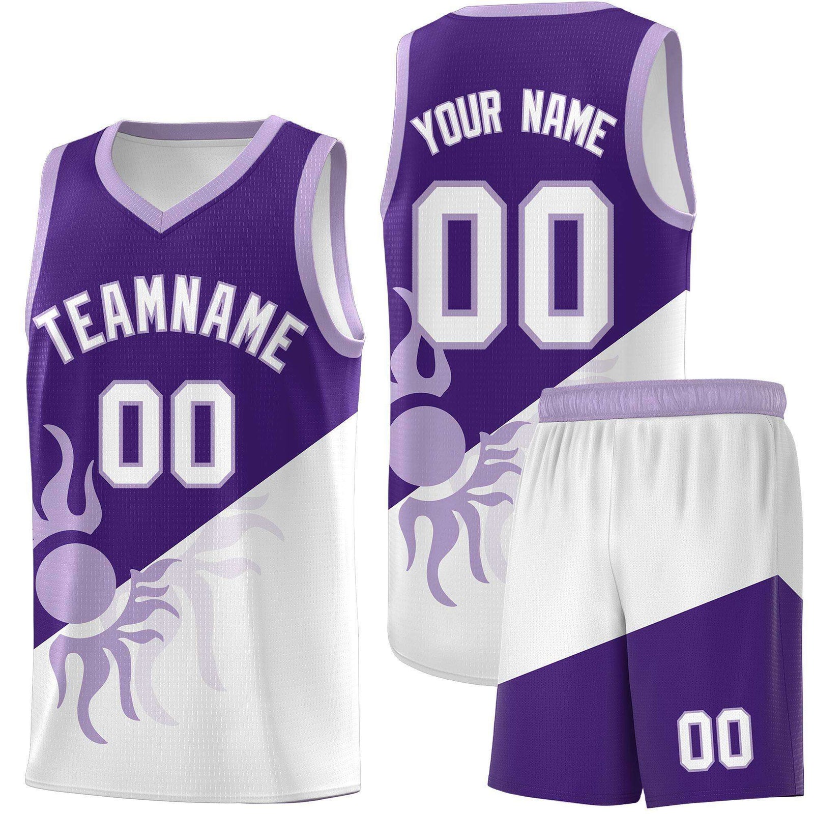 Custom Youth Basketball Jerseys - Purple White Sunburst Design Two Tone Uniforms