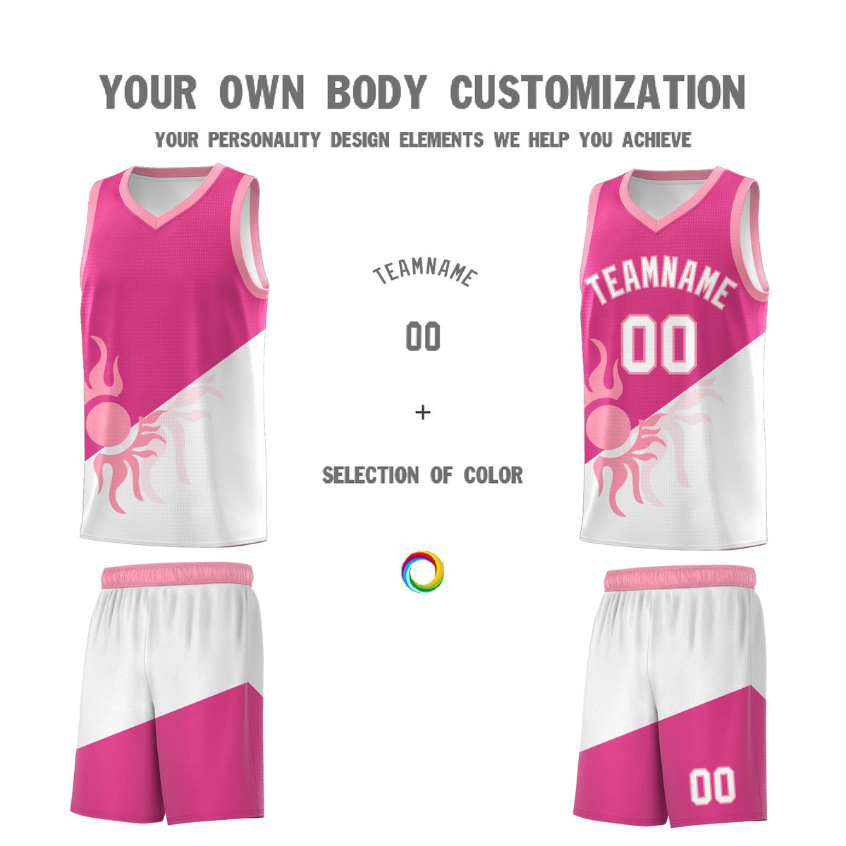 Custom Youth Basketball Jerseys - Rose Red White Radiant Sun Design Two Tone Uniforms