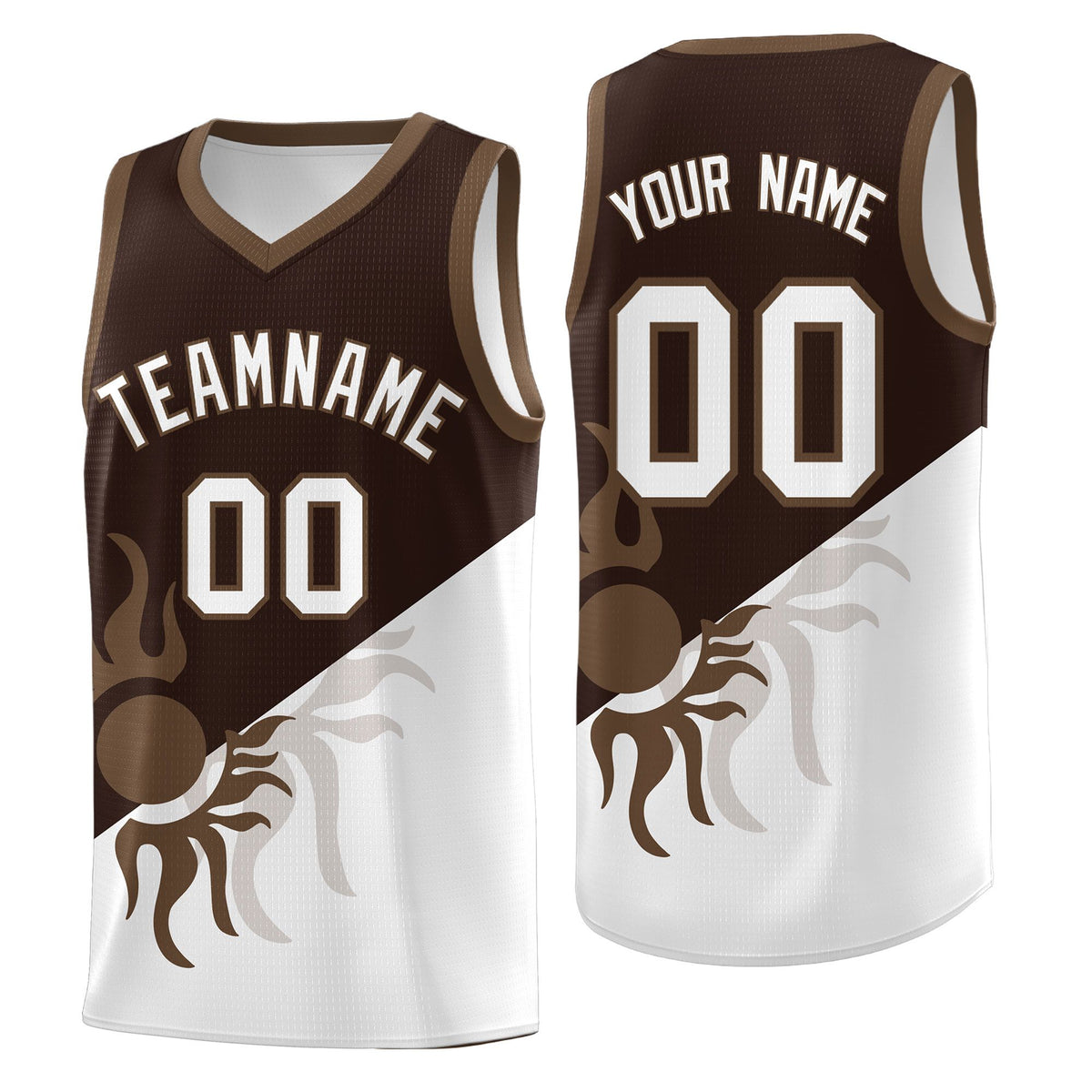 Custom Youth Basketball Jerseys - Brown White Sunburst Design Two Tone Uniforms