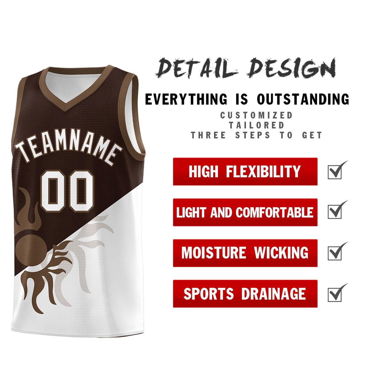 Custom Youth Basketball Jerseys - Brown White Sunburst Design Two Tone Uniforms