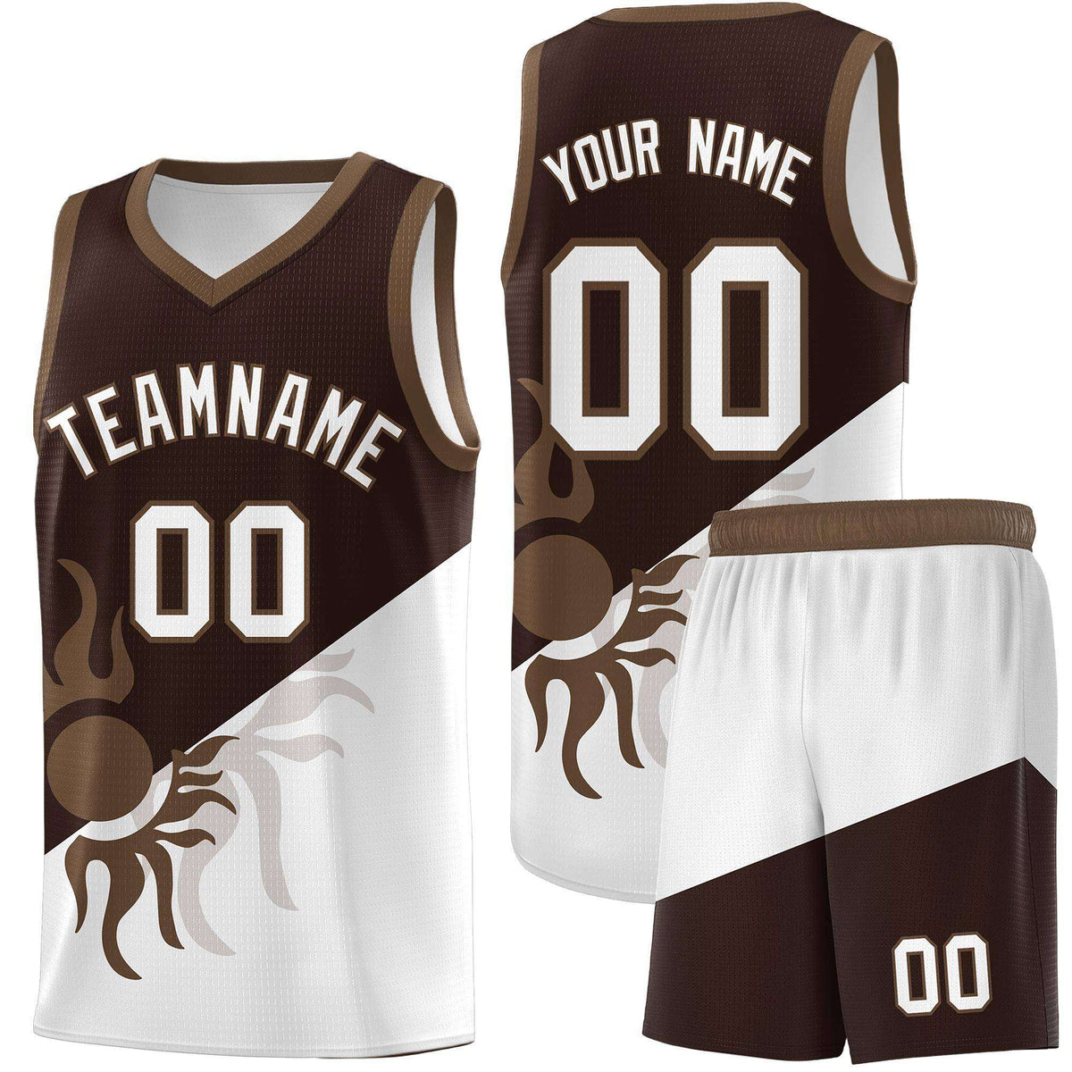 Custom Youth Basketball Jerseys - Brown White Sunburst Design Two Tone Uniforms
