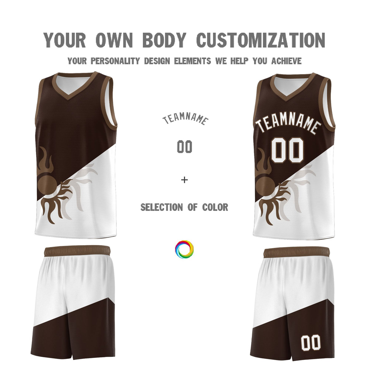 Custom Youth Basketball Jerseys - Brown White Sunburst Design Two Tone Uniforms