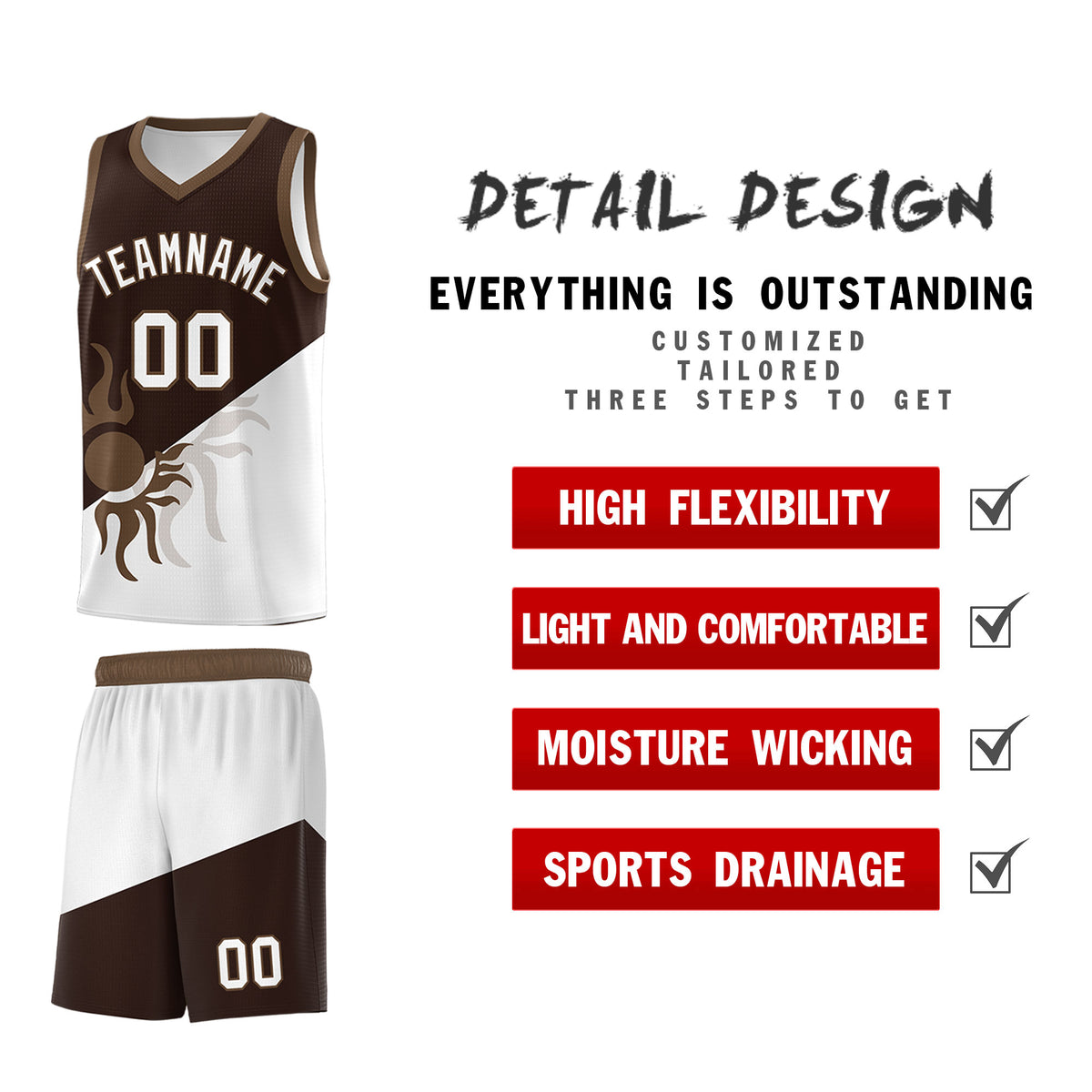 Custom Youth Basketball Jerseys - Brown White Sunburst Design Two Tone Uniforms