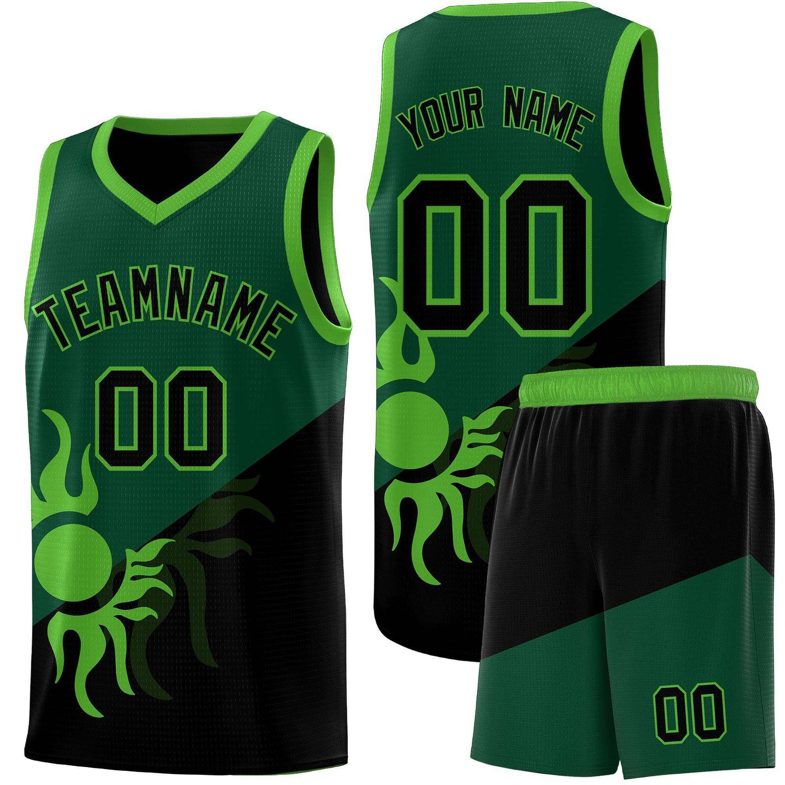 Custom Youth Basketball Jerseys - Kelly Green Black Radiant Sun Design Two Tone Uniforms
