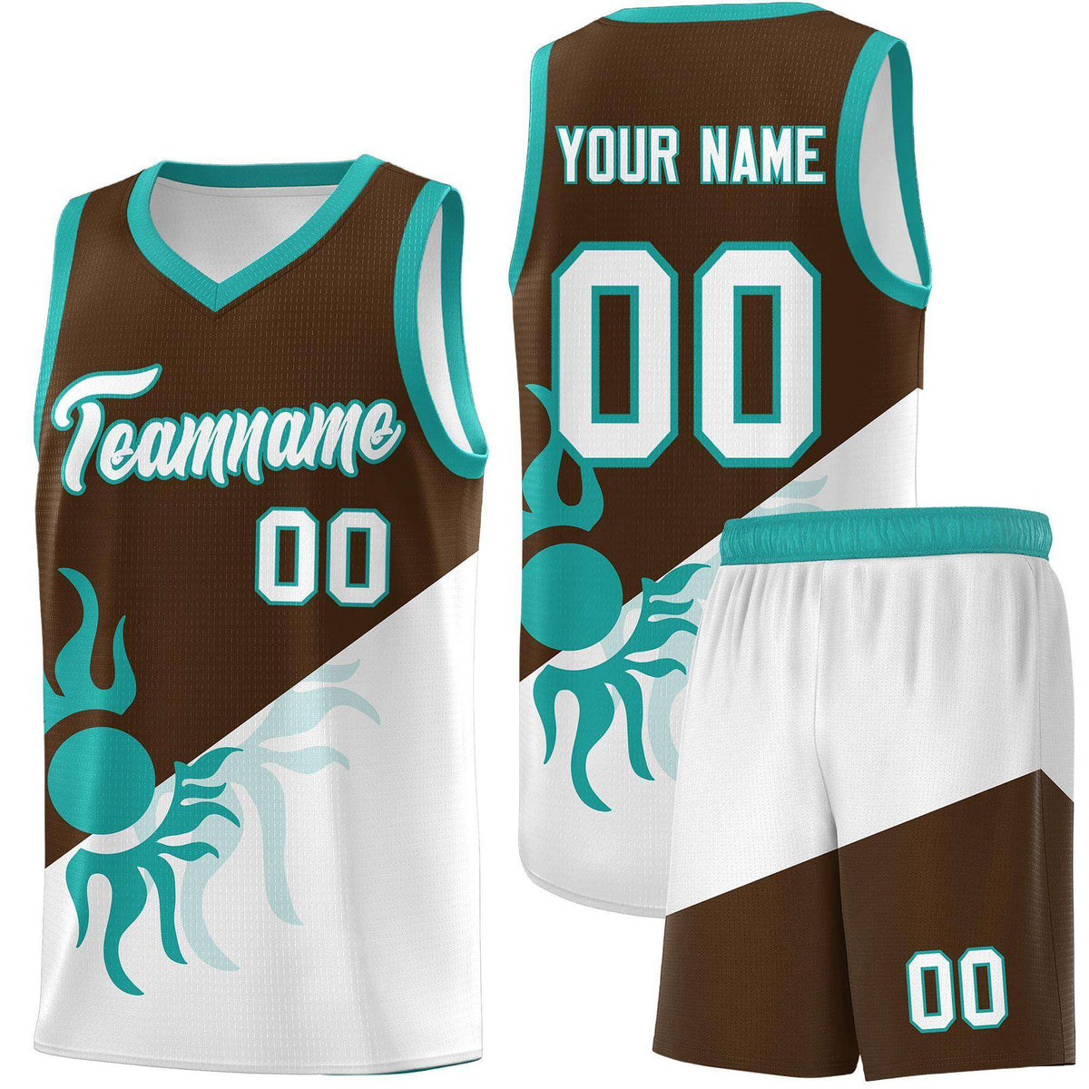 Custom Youth Basketball Jerseys - Brown White Radiant Sun Design Two Tone Uniforms