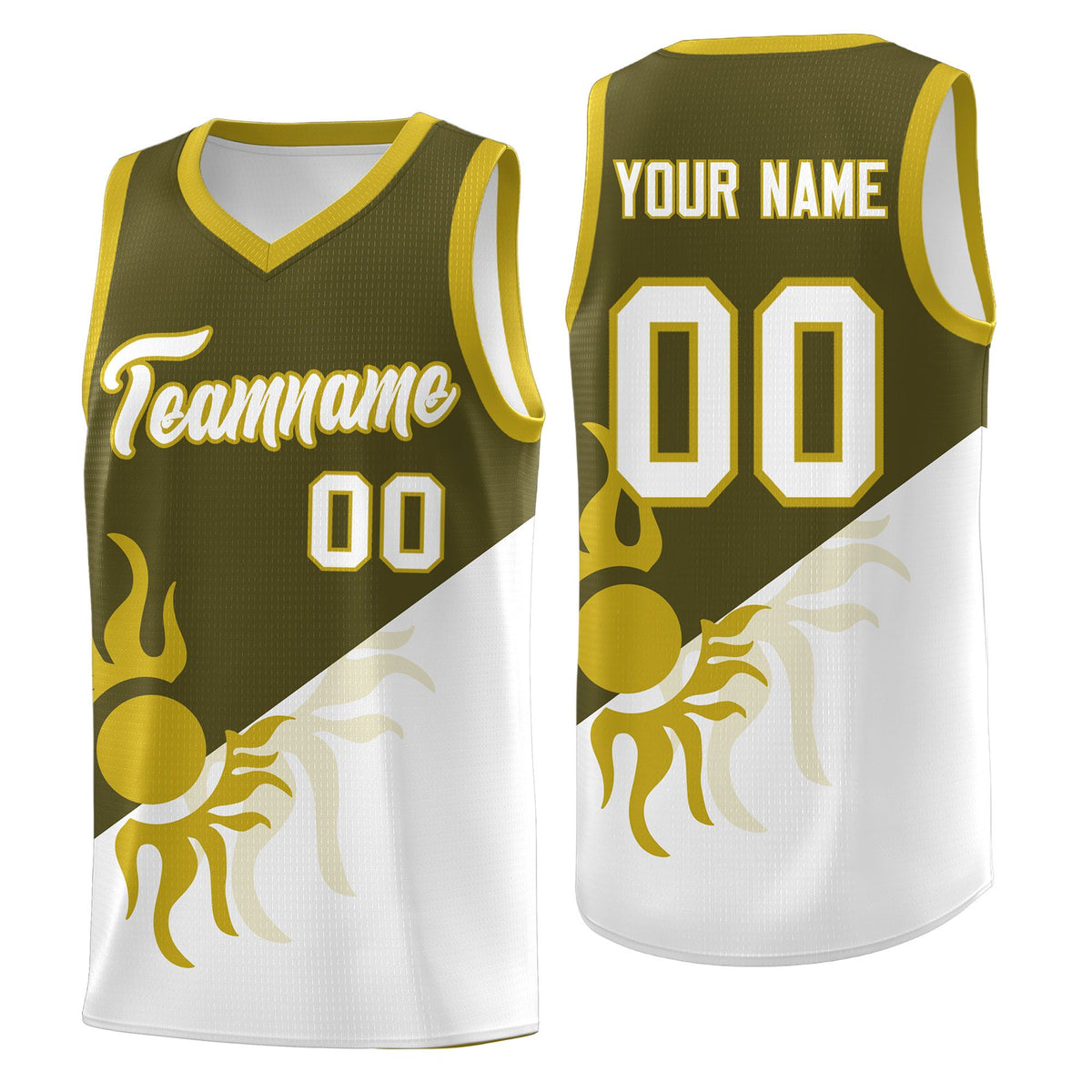 Custom Youth Basketball Jerseys - Olive White Sunburst Design Two Tone Uniforms