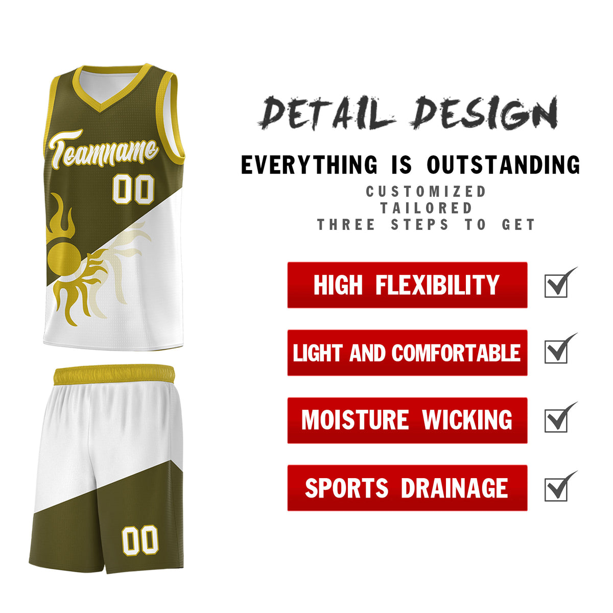 Custom Youth Basketball Jerseys - Olive White Sunburst Design Two Tone Uniforms