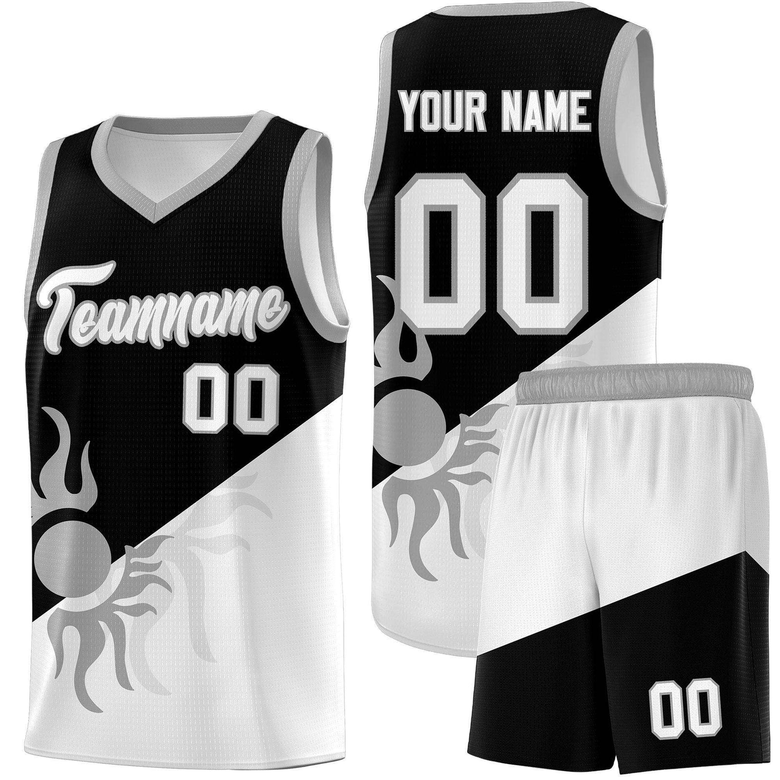 Custom Youth Basketball Jerseys - Black White Radiant Sun Design Two Tone Uniforms