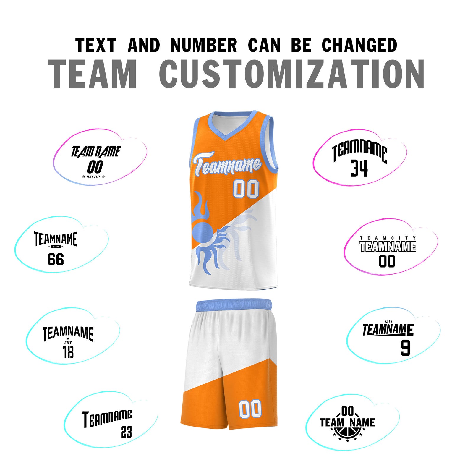 Custom Youth Basketball Jerseys - Orange White Radiant Sun Design Two Tone Uniforms