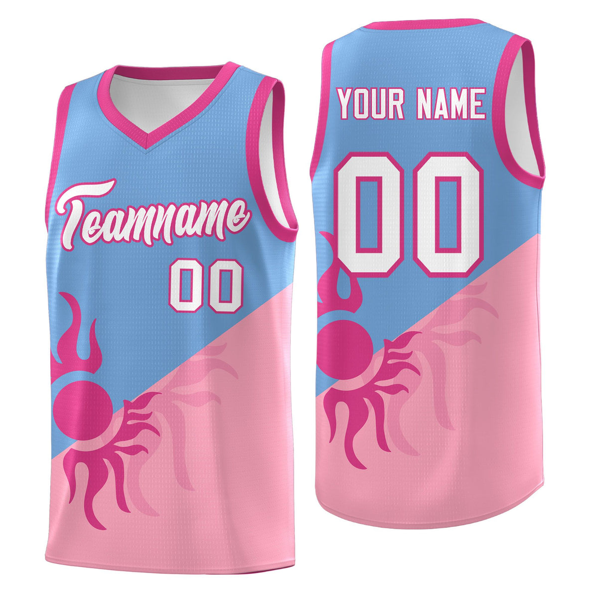 Custom Youth Basketball Jerseys - Powder Blue Light Pink Radiant Sun Design Two Tone Uniforms