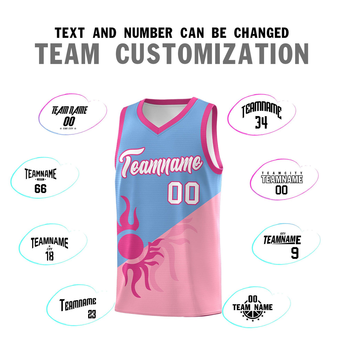Custom Youth Basketball Jerseys - Powder Blue Light Pink Radiant Sun Design Two Tone Uniforms