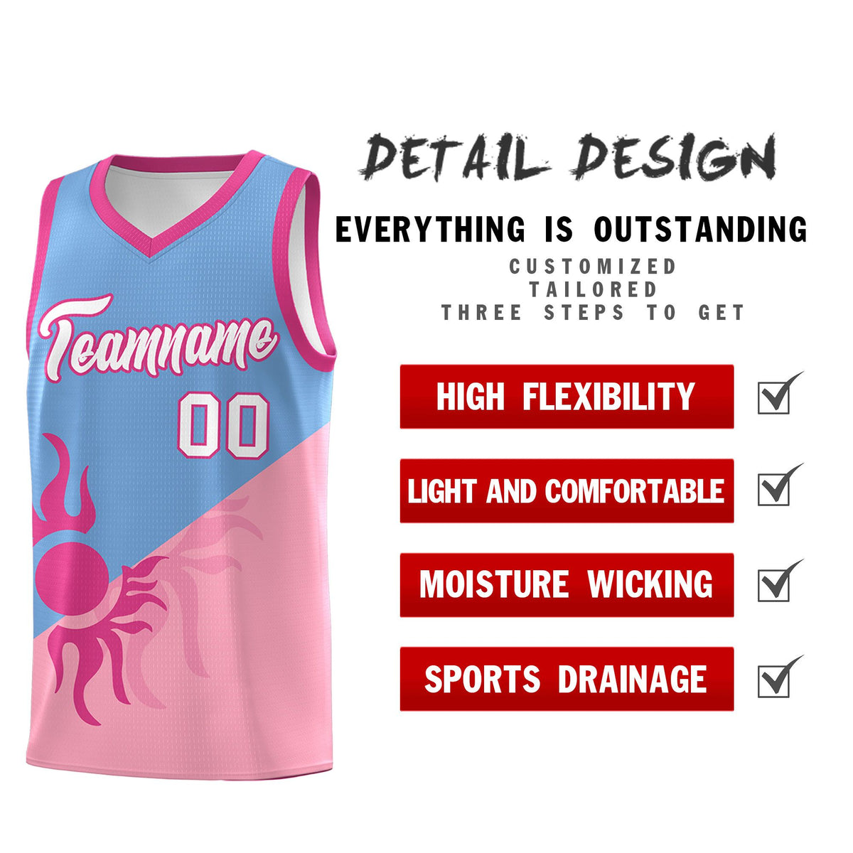 Custom Youth Basketball Jerseys - Powder Blue Light Pink Radiant Sun Design Two Tone Uniforms