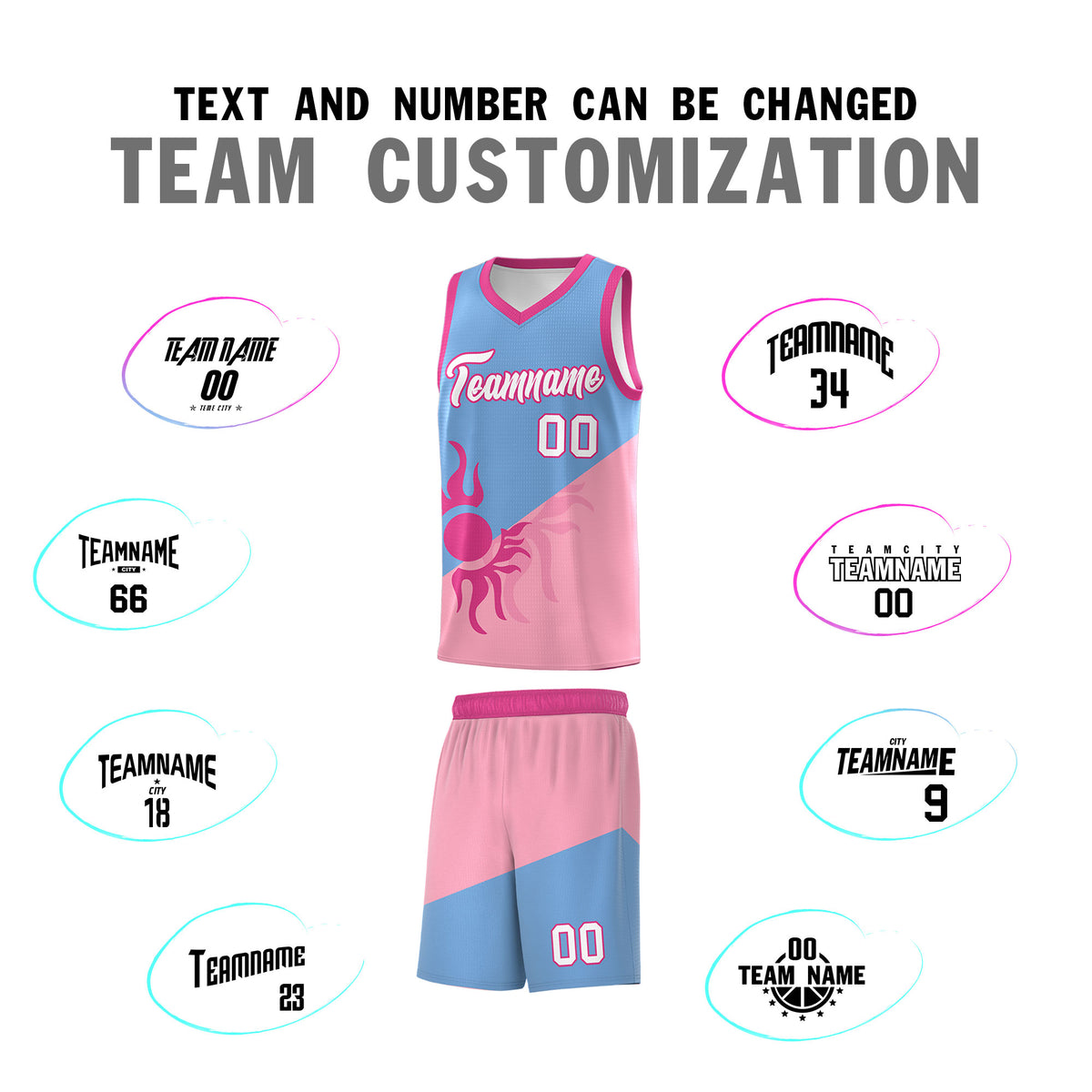 Custom Youth Basketball Jerseys - Powder Blue Light Pink Radiant Sun Design Two Tone Uniforms