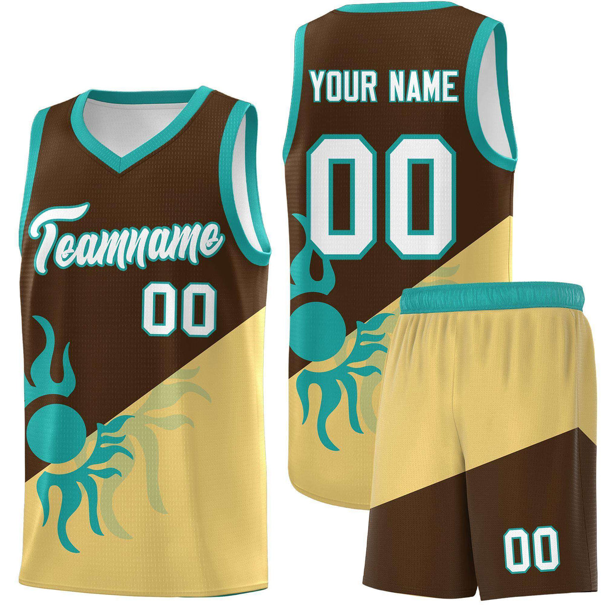 Custom Youth Basketball Jerseys - Brown Khaki Sunburst Design Two Tone Uniforms