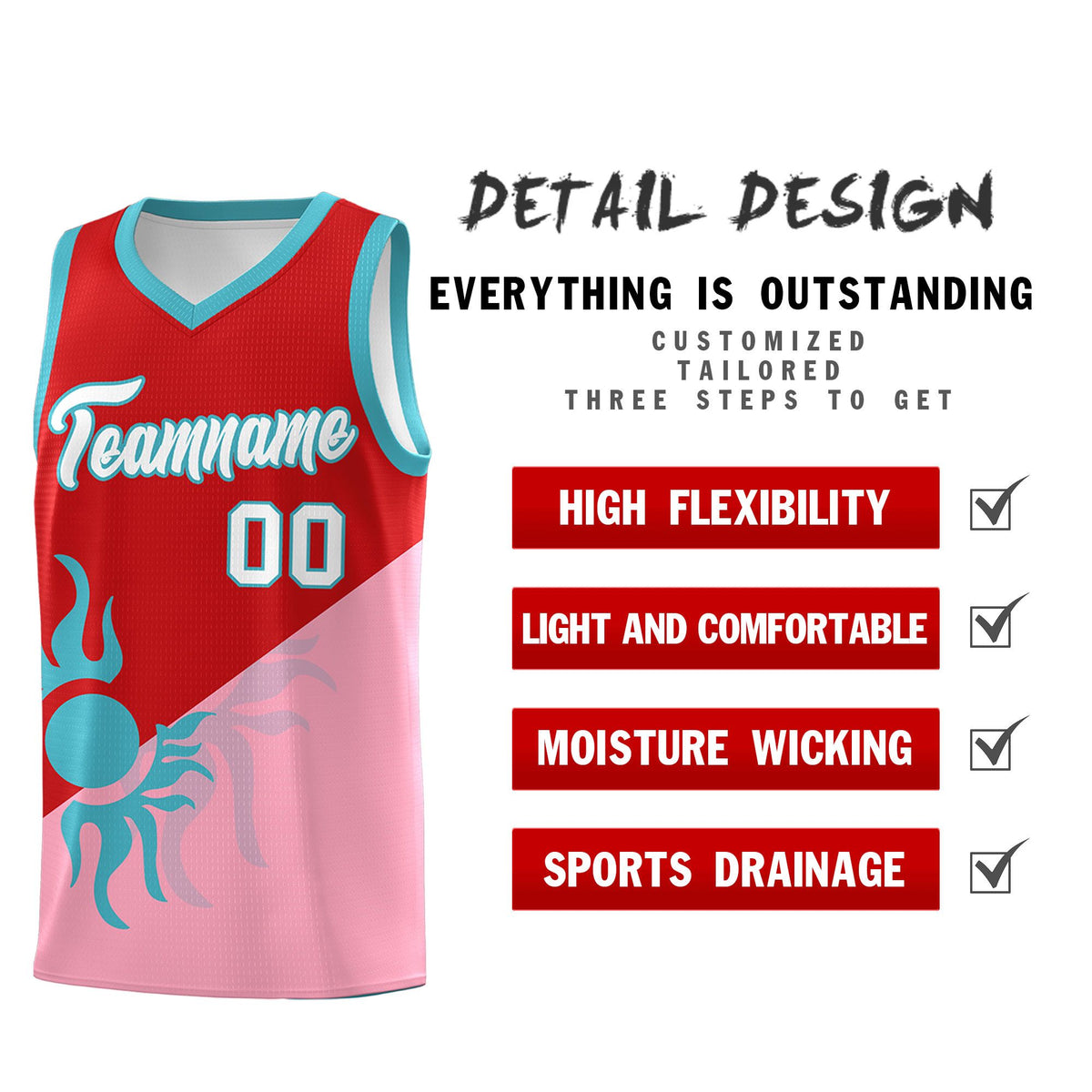 Custom Youth Basketball Jerseys - Red Light Pink Sunburst Design Two Tone Uniforms