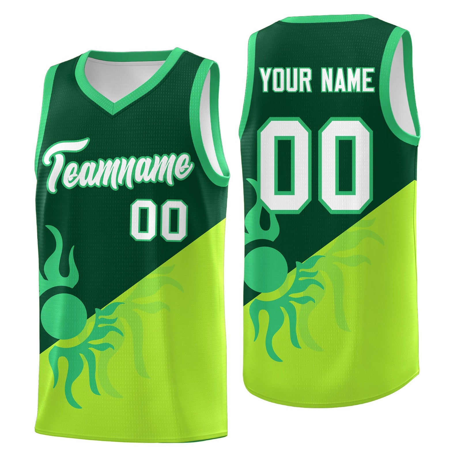 Custom Youth Basketball Jerseys - Kelly Green Neon Green Radiant Sun Design Two Tone Uniforms