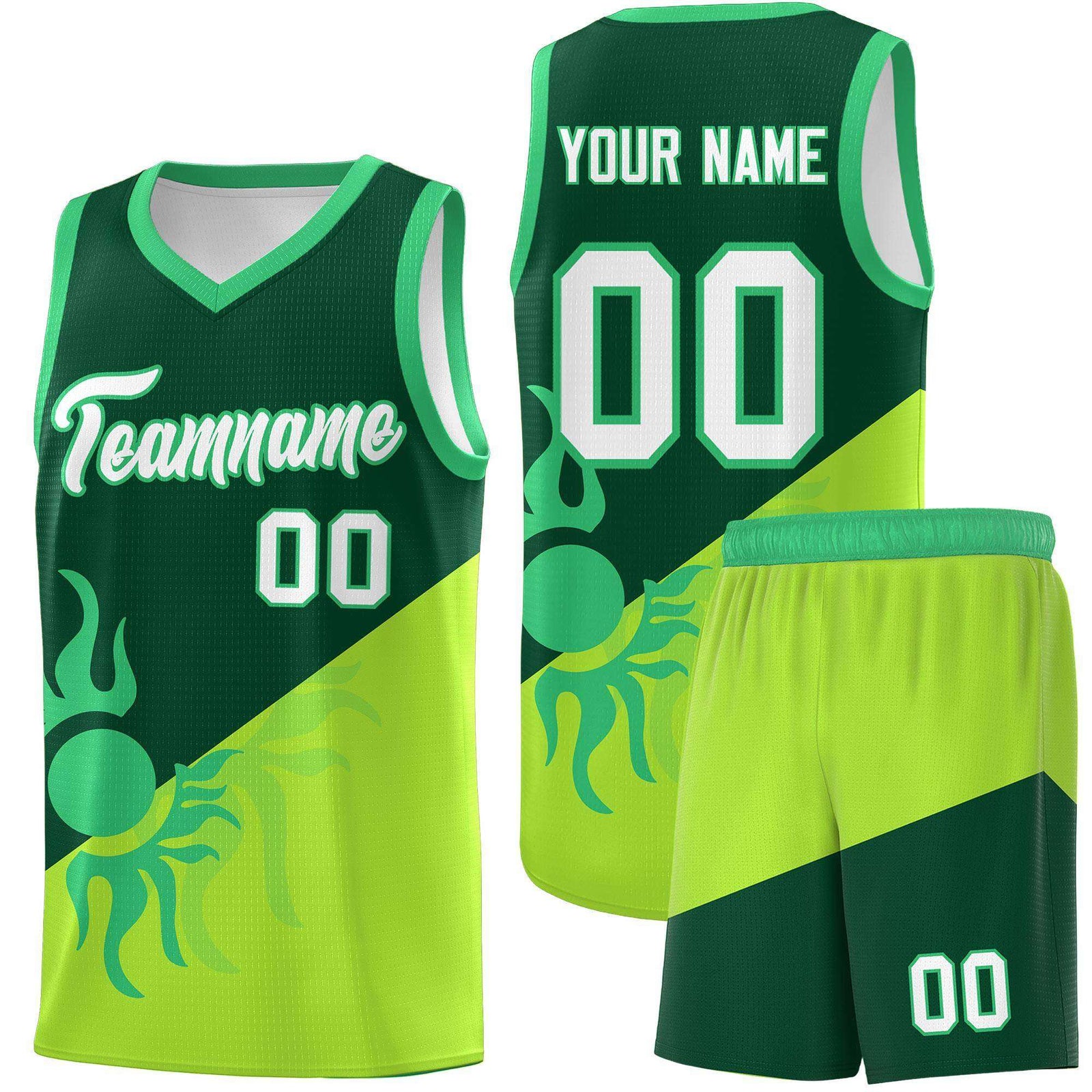 Custom Youth Basketball Jerseys - Kelly Green Neon Green Radiant Sun Design Two Tone Uniforms