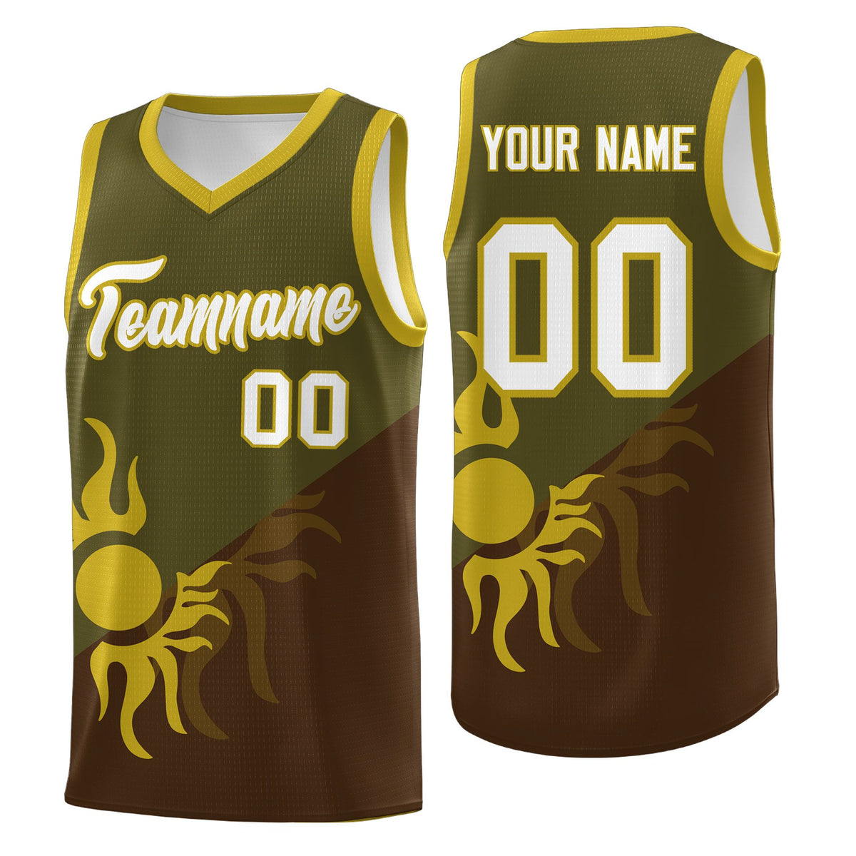 Custom Youth Basketball Jerseys - Brown Olive Radiant Sun Design Two Tone Uniforms