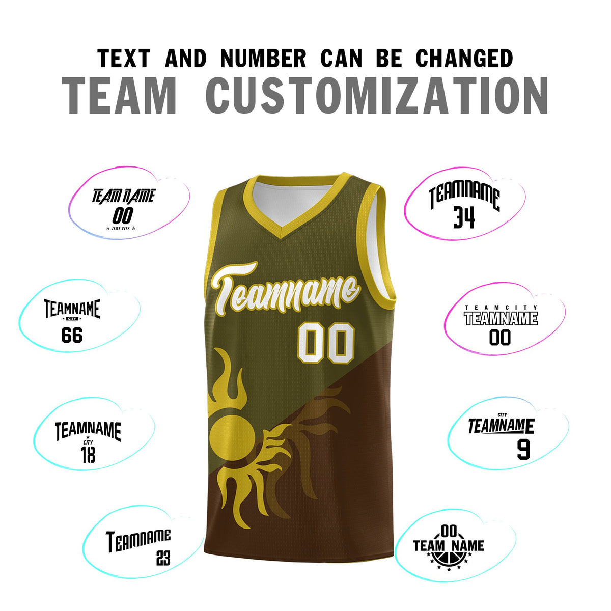 Custom Youth Basketball Jerseys - Brown Olive Radiant Sun Design Two Tone Uniforms