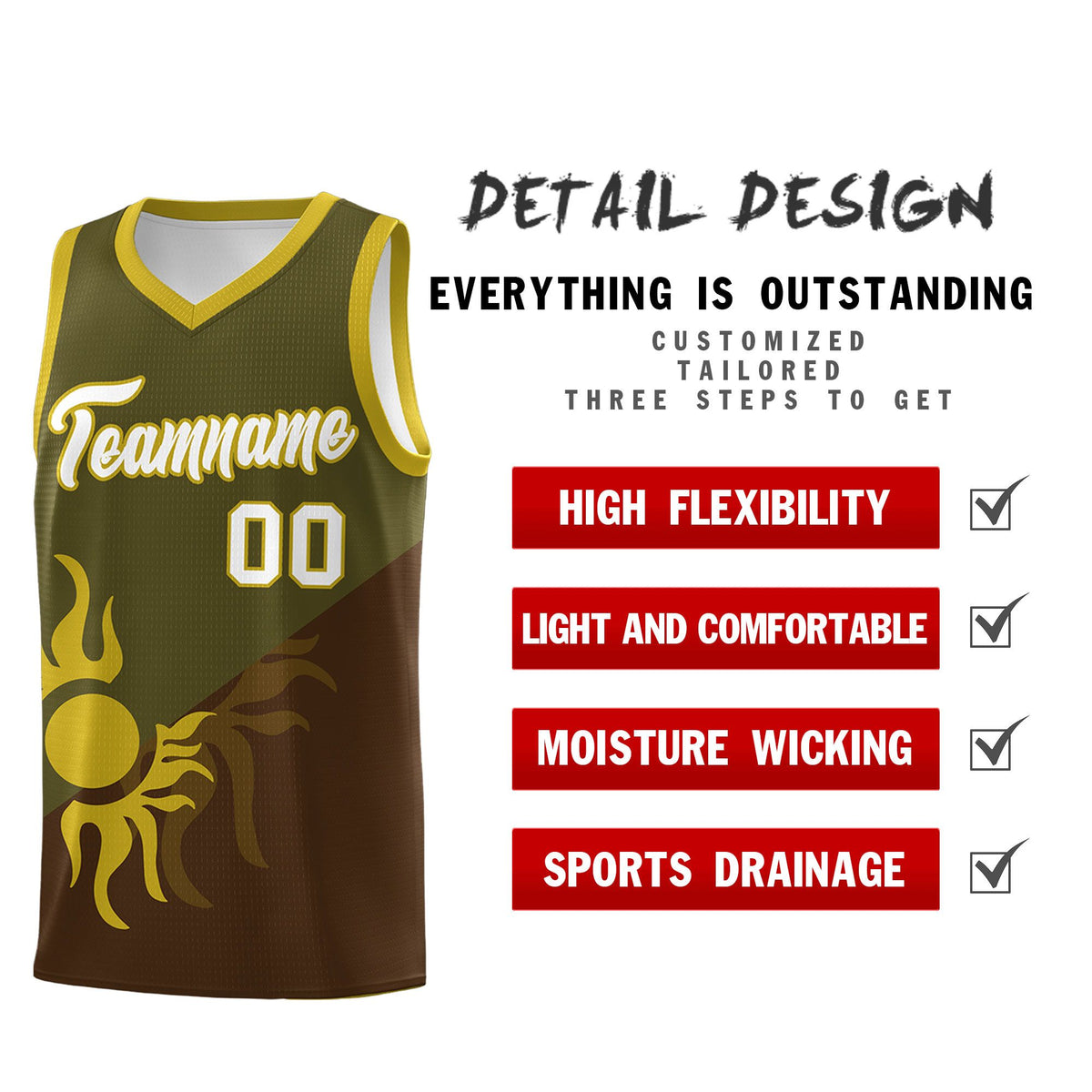 Custom Youth Basketball Jerseys - Brown Olive Radiant Sun Design Two Tone Uniforms