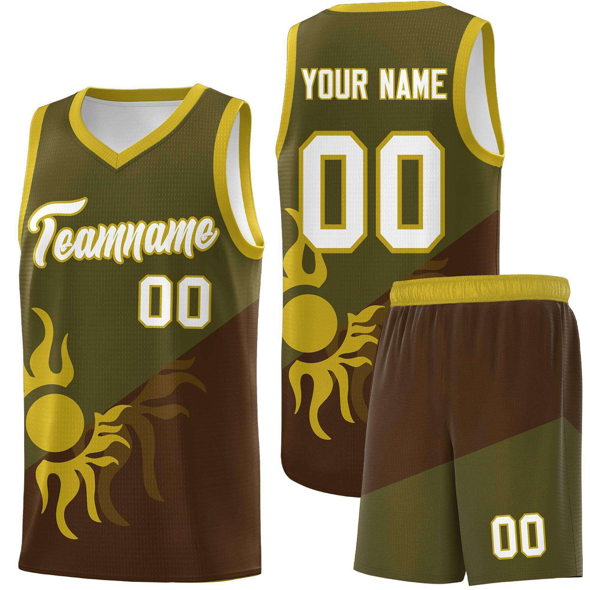 Custom Youth Basketball Jerseys - Brown Olive Radiant Sun Design Two Tone Uniforms