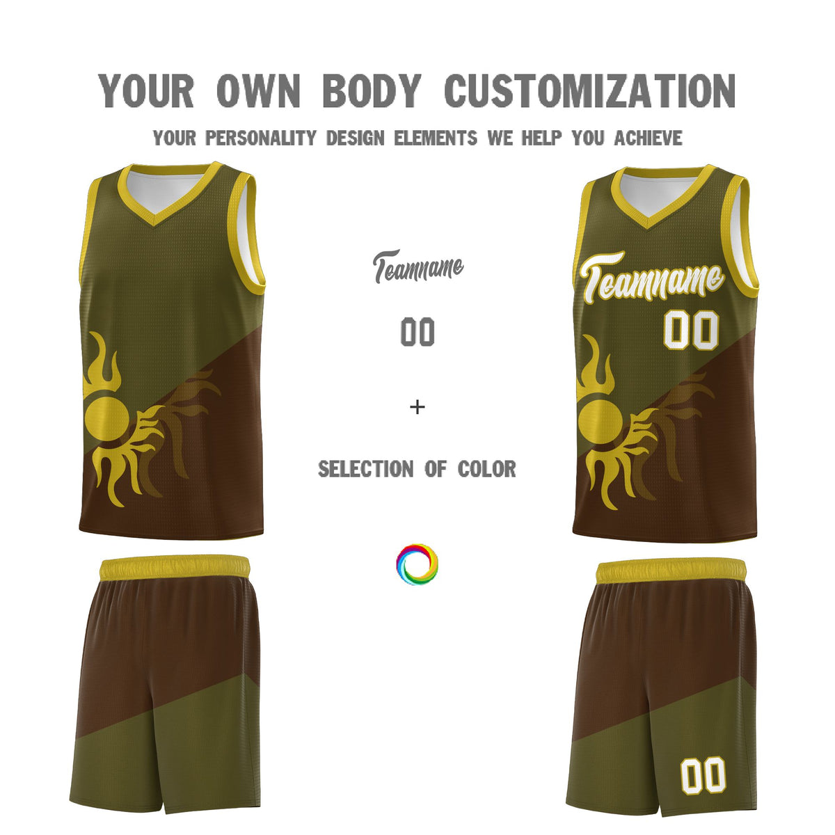 Custom Youth Basketball Jerseys - Brown Olive Radiant Sun Design Two Tone Uniforms