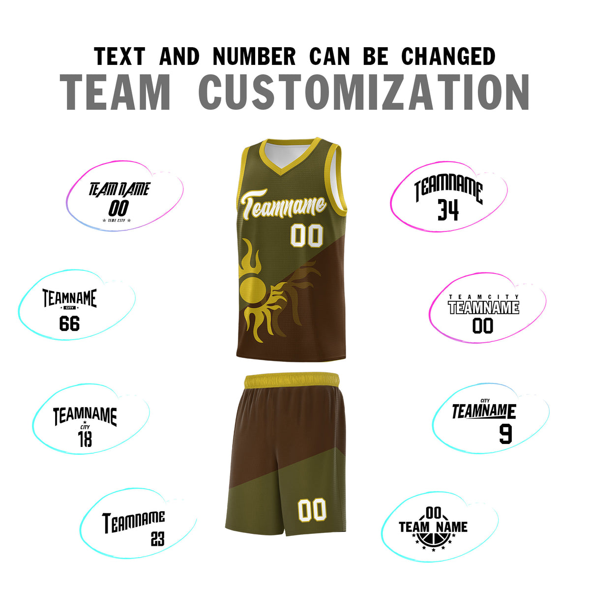 Custom Youth Basketball Jerseys - Brown Olive Radiant Sun Design Two Tone Uniforms