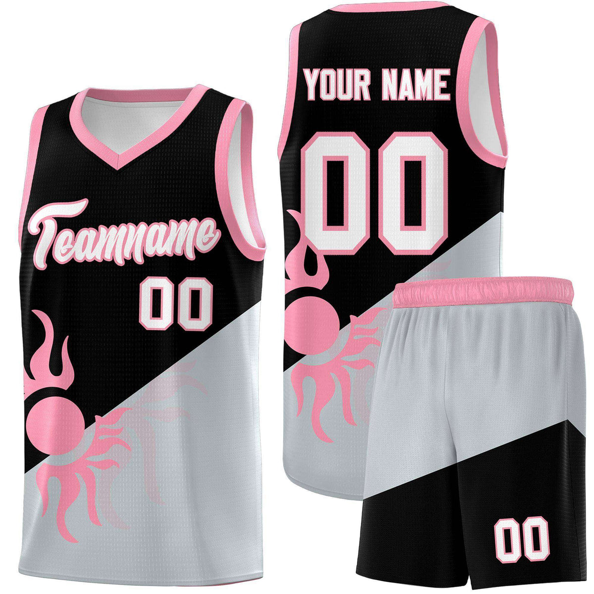 Custom Youth Basketball Jerseys - Black Silver Radiant Sun Design Two Tone Uniforms