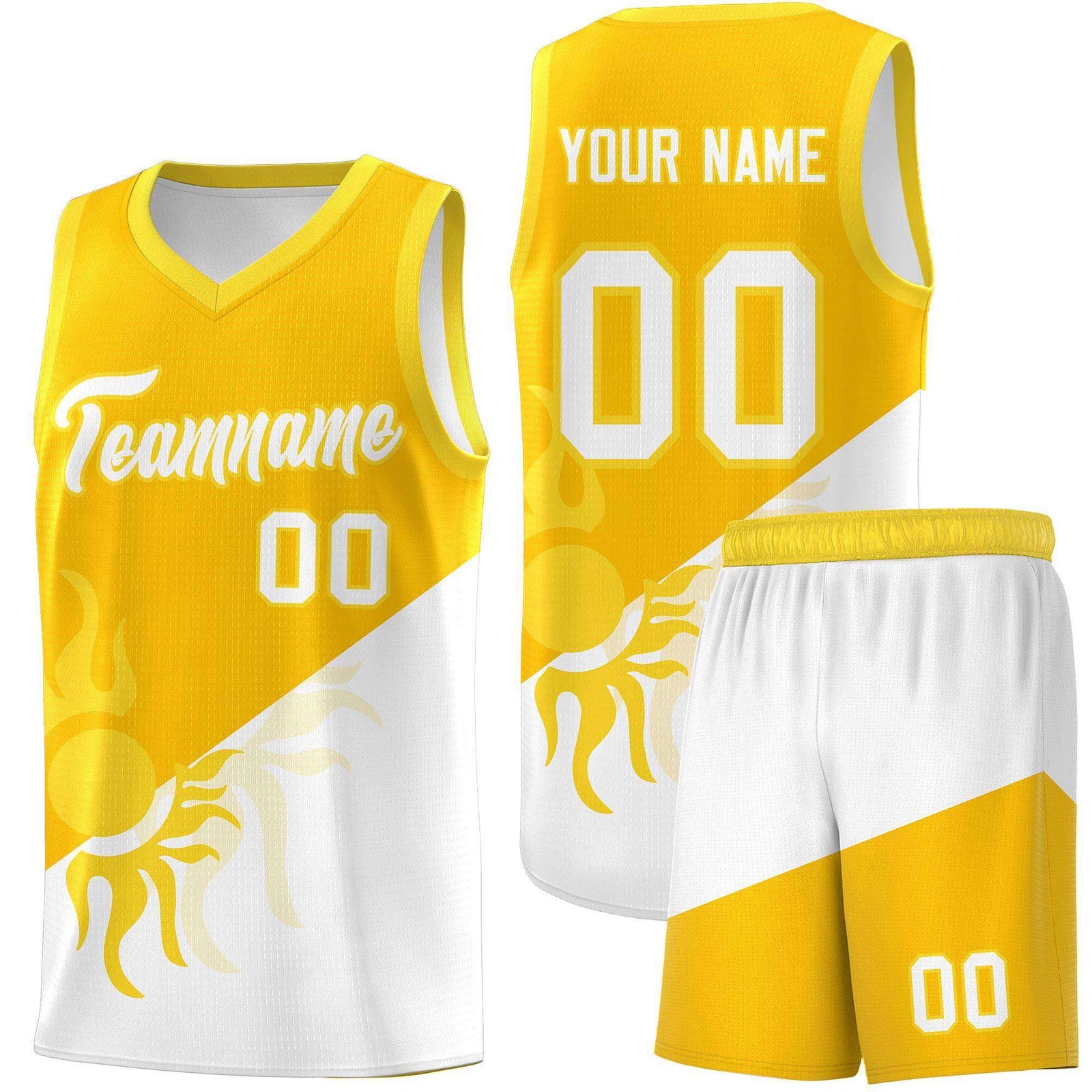 Custom Youth Basketball Jerseys - Yellow White Sunburst Design Two Tone Uniforms
