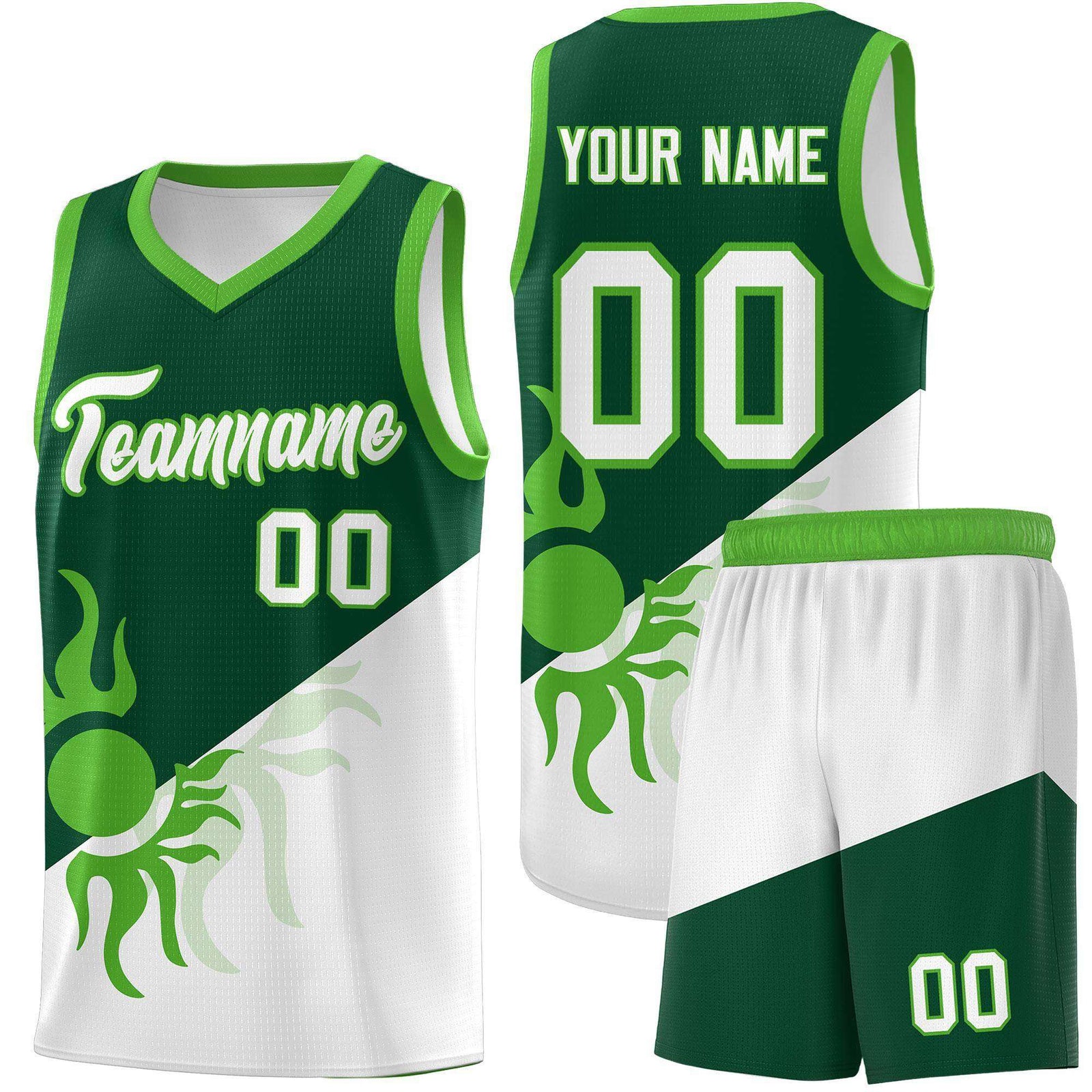 Custom Youth Basketball Jerseys - Kelly Green White Radiant Sun Design Two Tone Uniforms