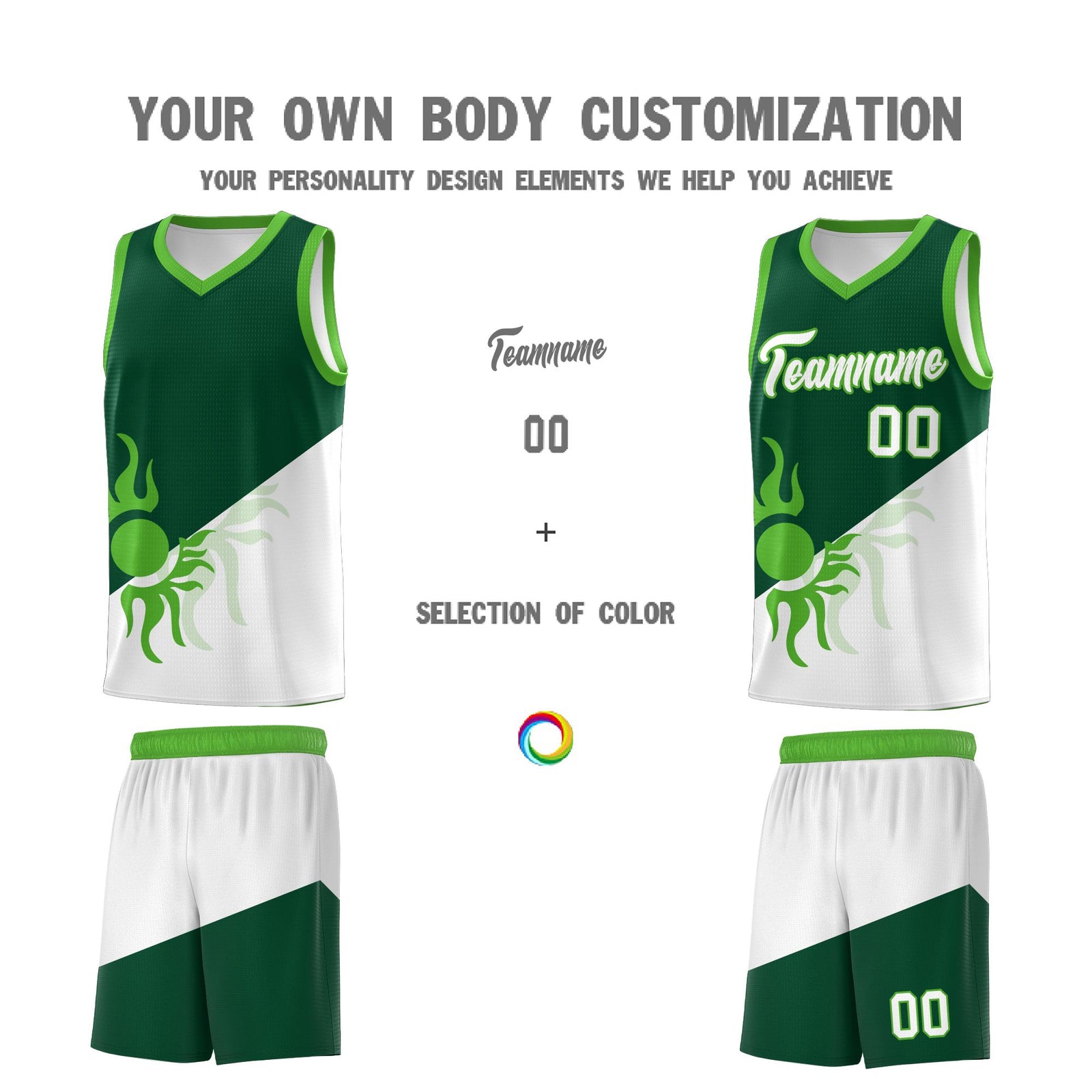 Custom Youth Basketball Jerseys - Kelly Green White Radiant Sun Design Two Tone Uniforms