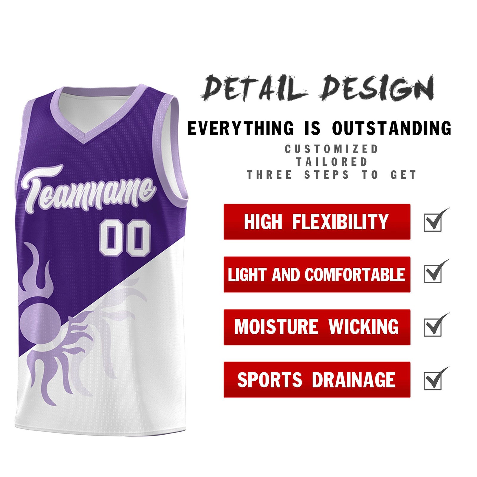 Custom Youth Basketball Jerseys - Purple White Sunburst Design Two Tone Uniforms