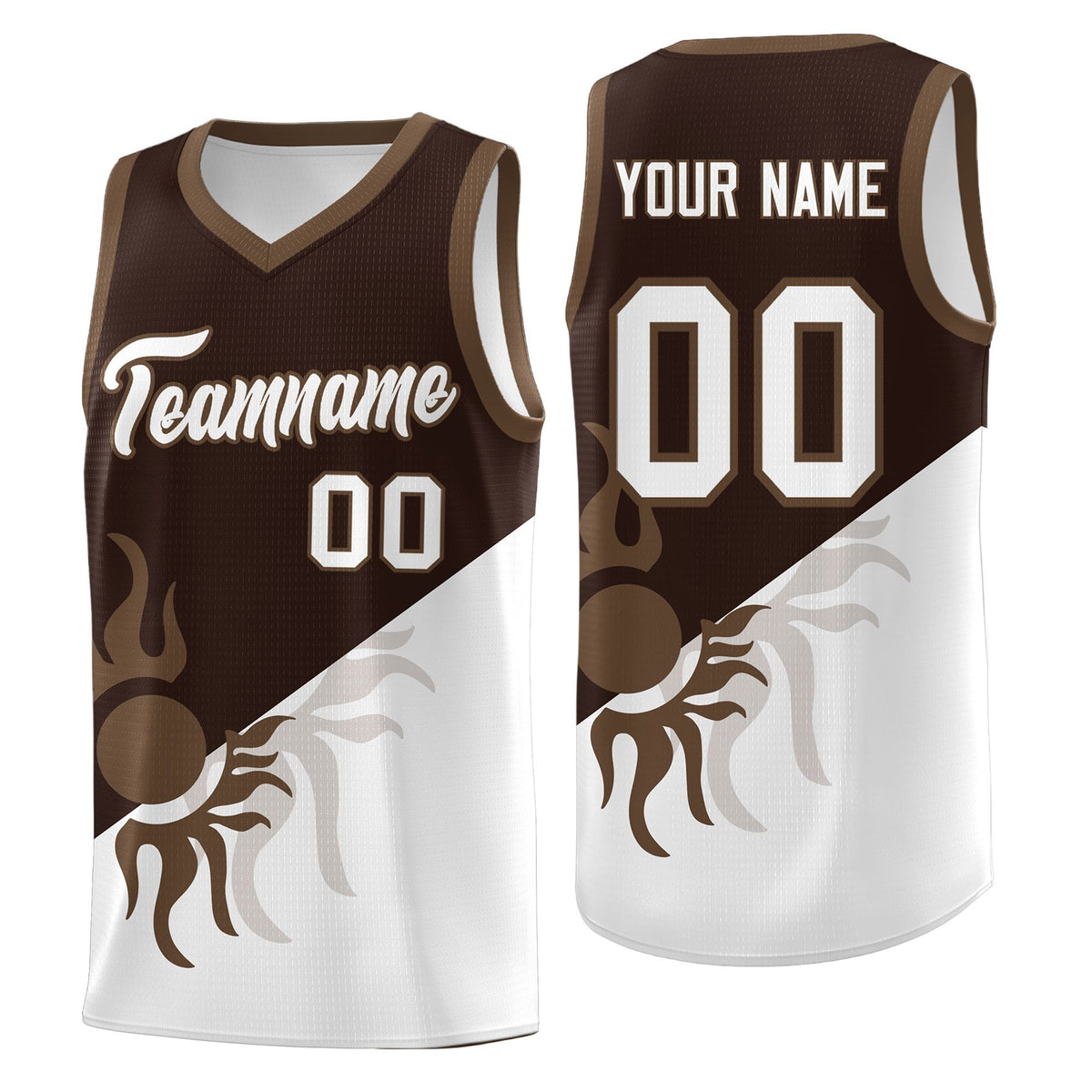 Custom Youth Basketball Jerseys - Brown White Sunburst Design Two Tone Uniforms