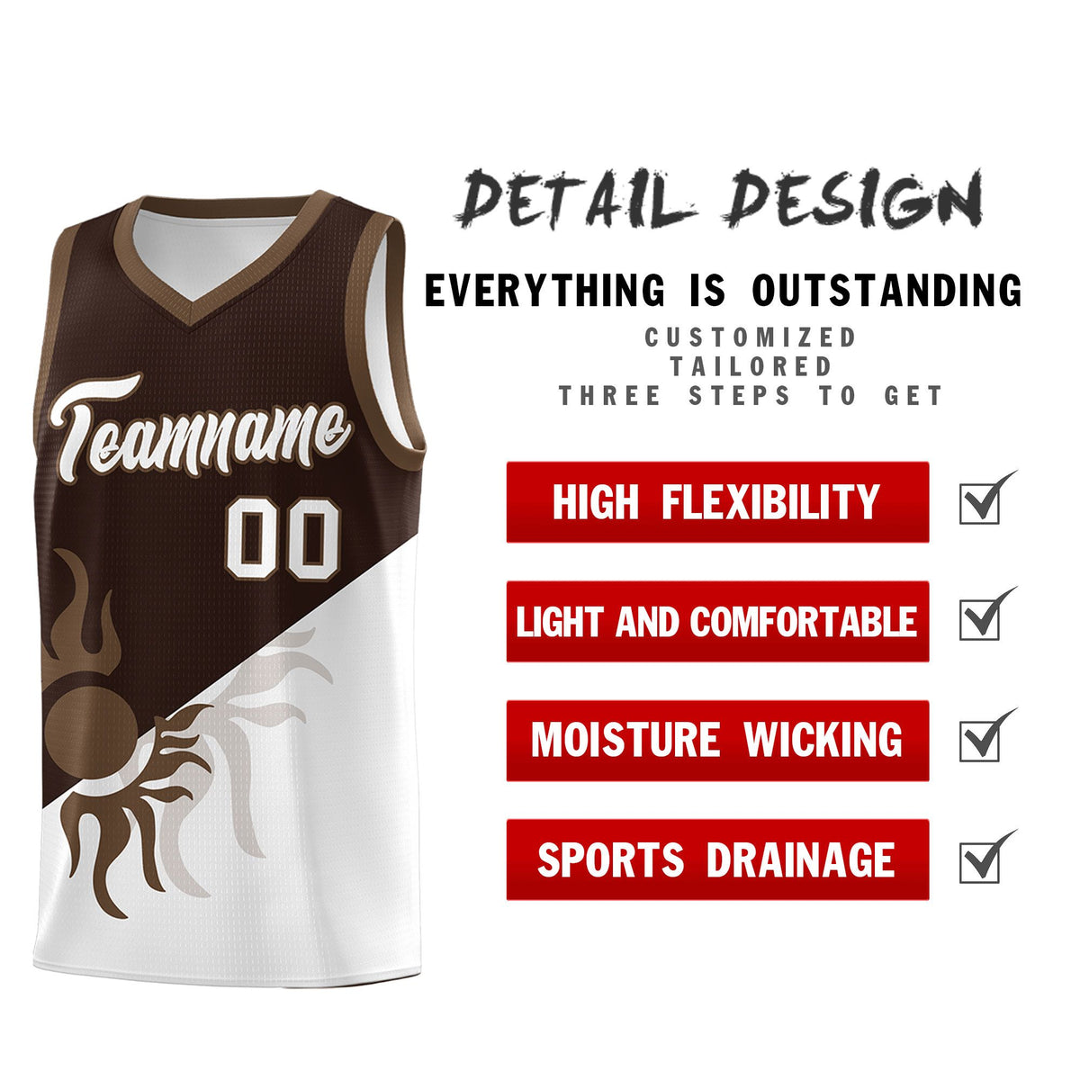 Custom Youth Basketball Jerseys - Brown White Sunburst Design Two Tone Uniforms
