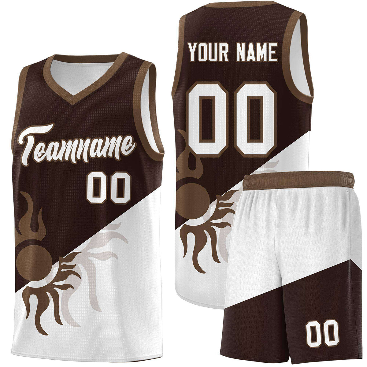 Custom Youth Basketball Jerseys - Brown White Sunburst Design Two Tone Uniforms
