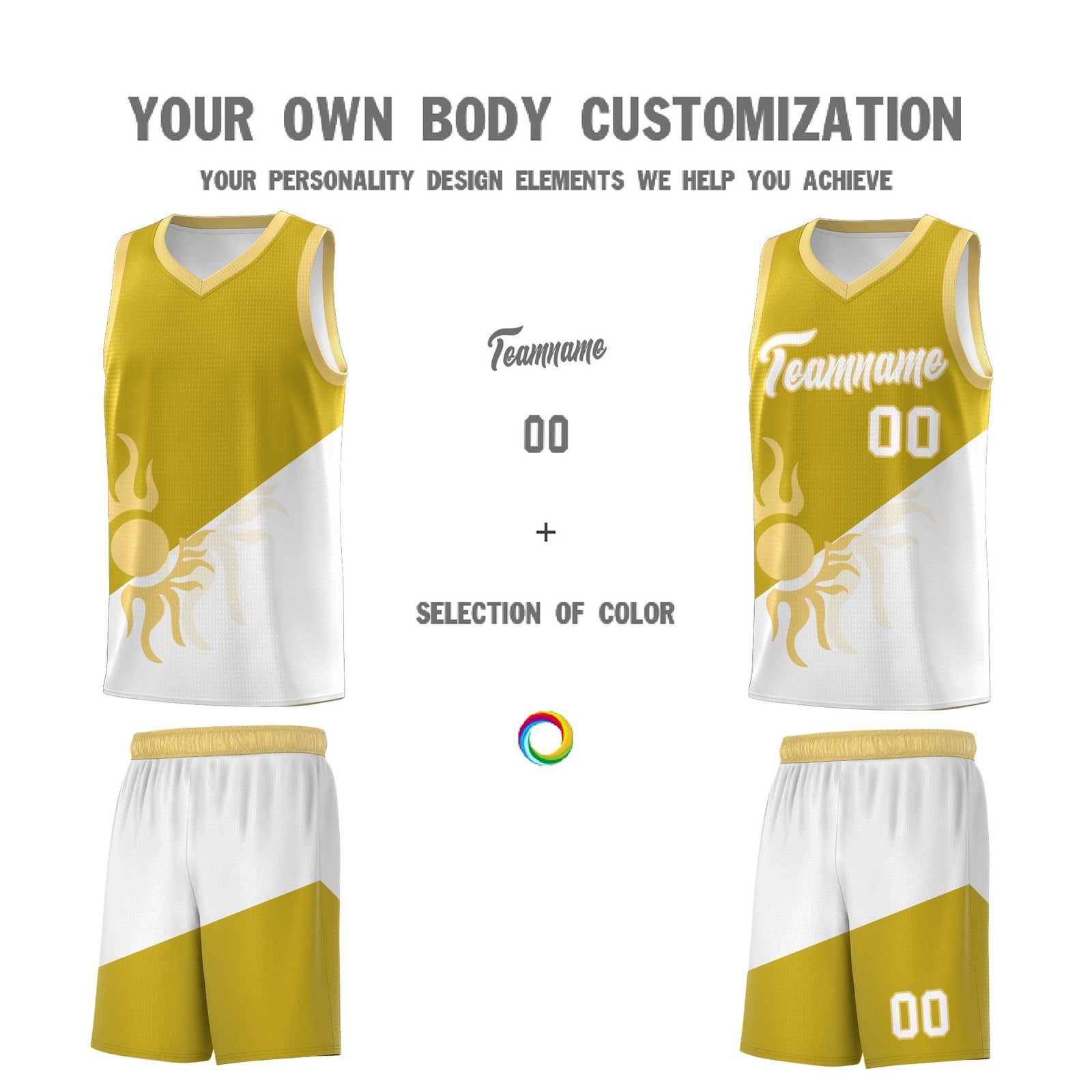 Custom Youth Basketball Jerseys - Old Gold White Radiant Sun Design Two Tone Uniforms