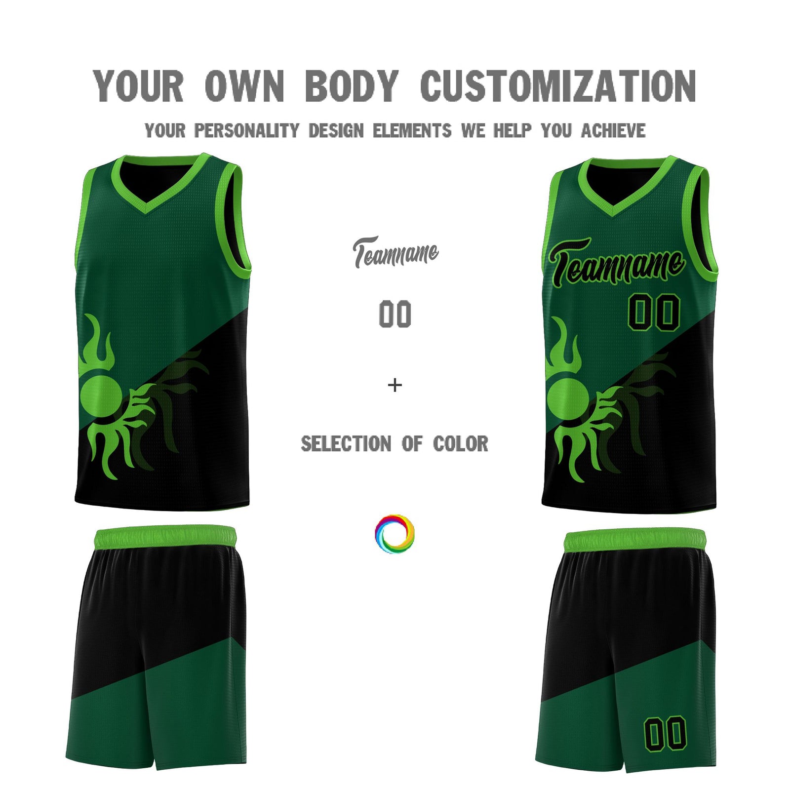 Custom Youth Basketball Jerseys - Kelly Green Black Radiant Sun Design Two Tone Uniforms
