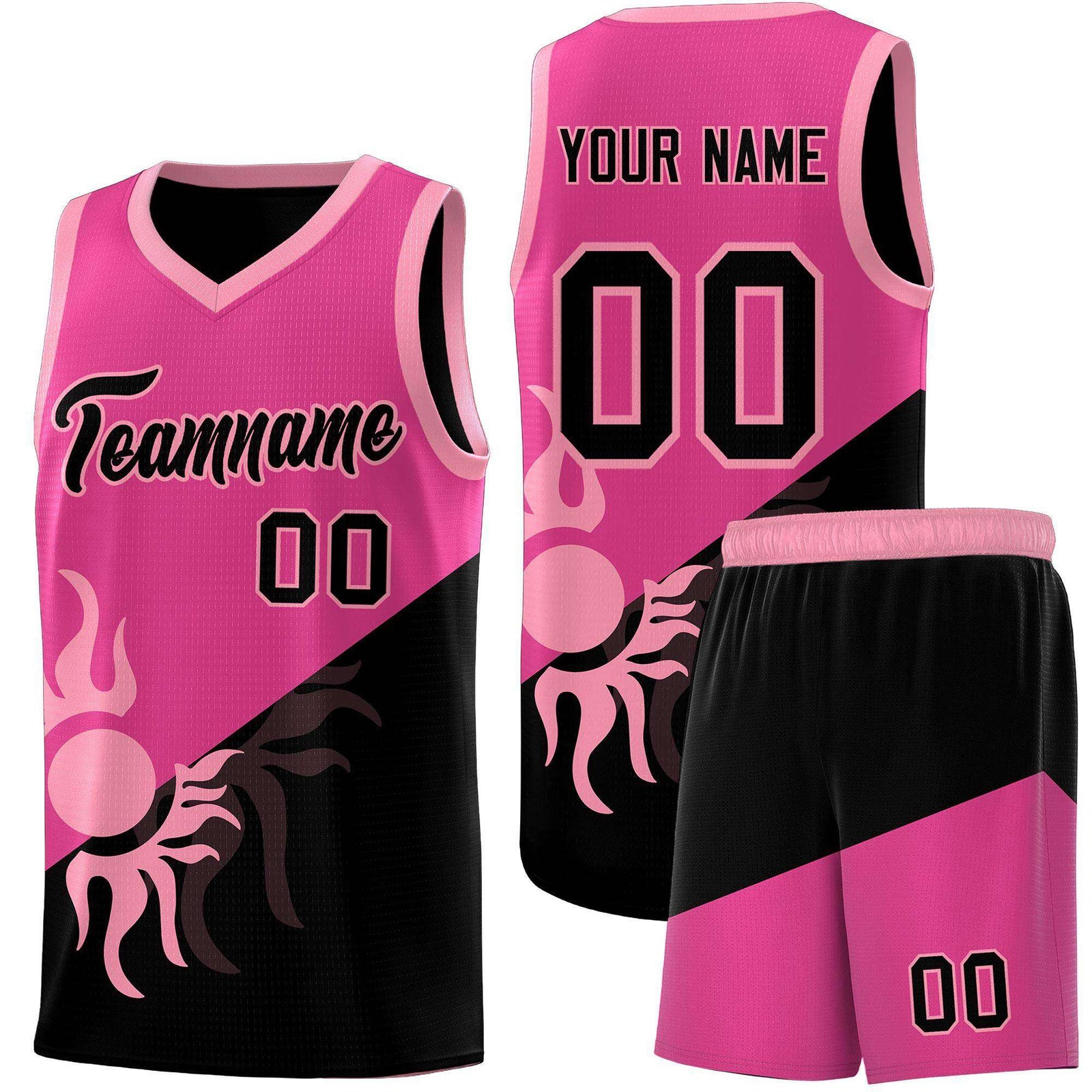 Custom Youth Basketball Jerseys - Rose Red Black Radiant Sun Design Two Tone Uniforms