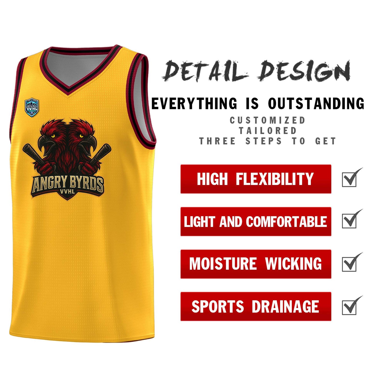 VVHL Yellow S7-Angry-Byrds-1 Tops Basketball Jersey