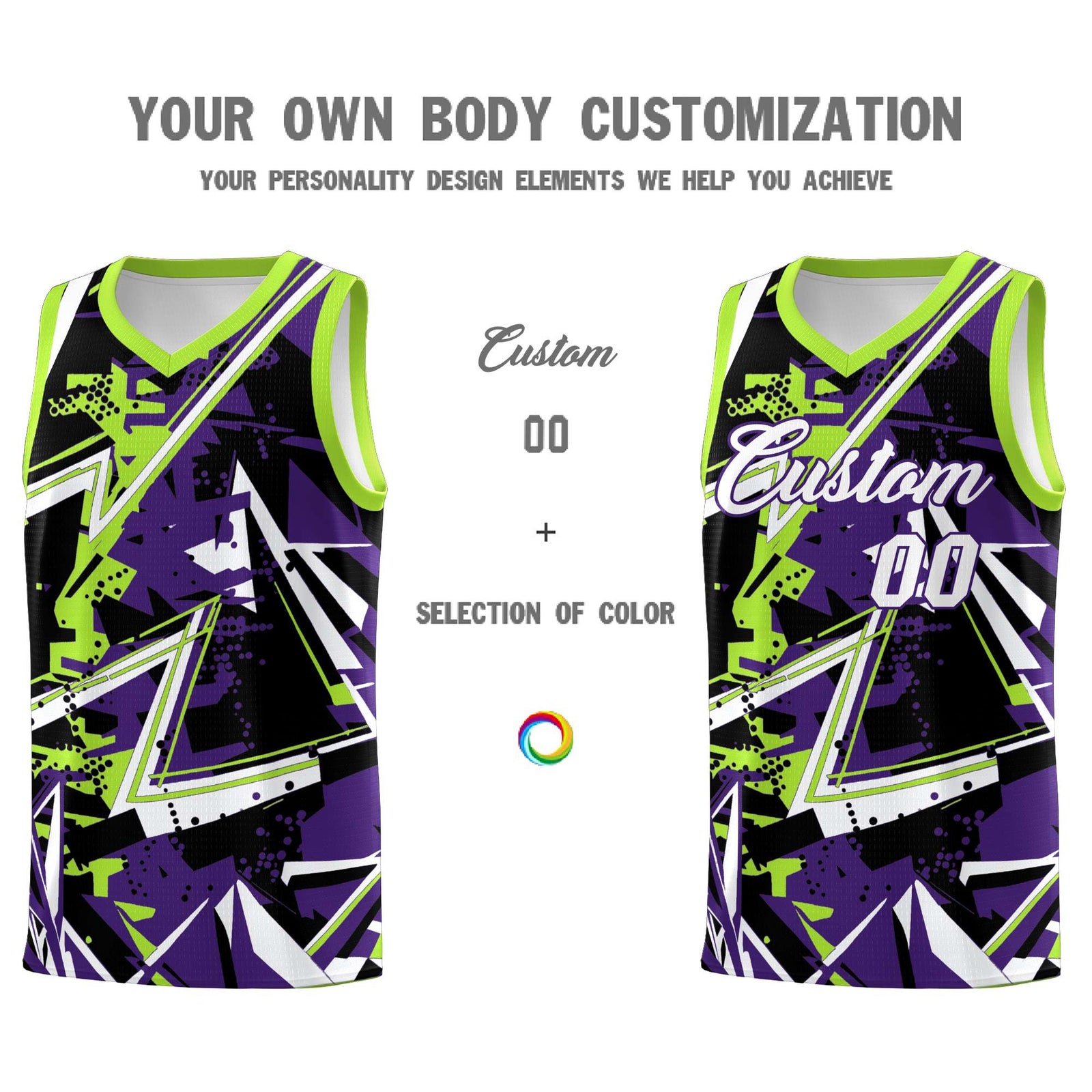 Custom Youth Basketball Jerseys Purple Neon Green Abstract Graffiti Personalized Team Name & Number